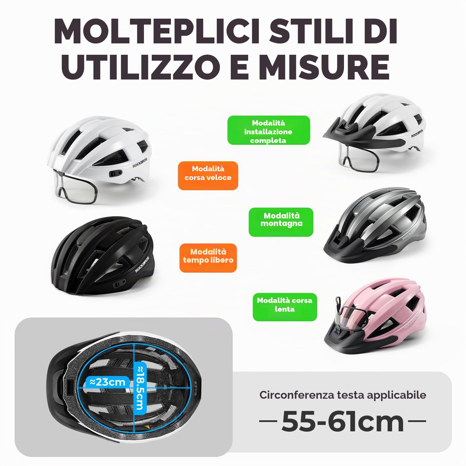 ROCKBROS Casco Bici con Luce di LED, Casco per Bici con Visiera Traspirante Lenti Magnetiche UV400, Caschi da Bicicletta Regolabile Uomo Donna MTB, 55-61 cm