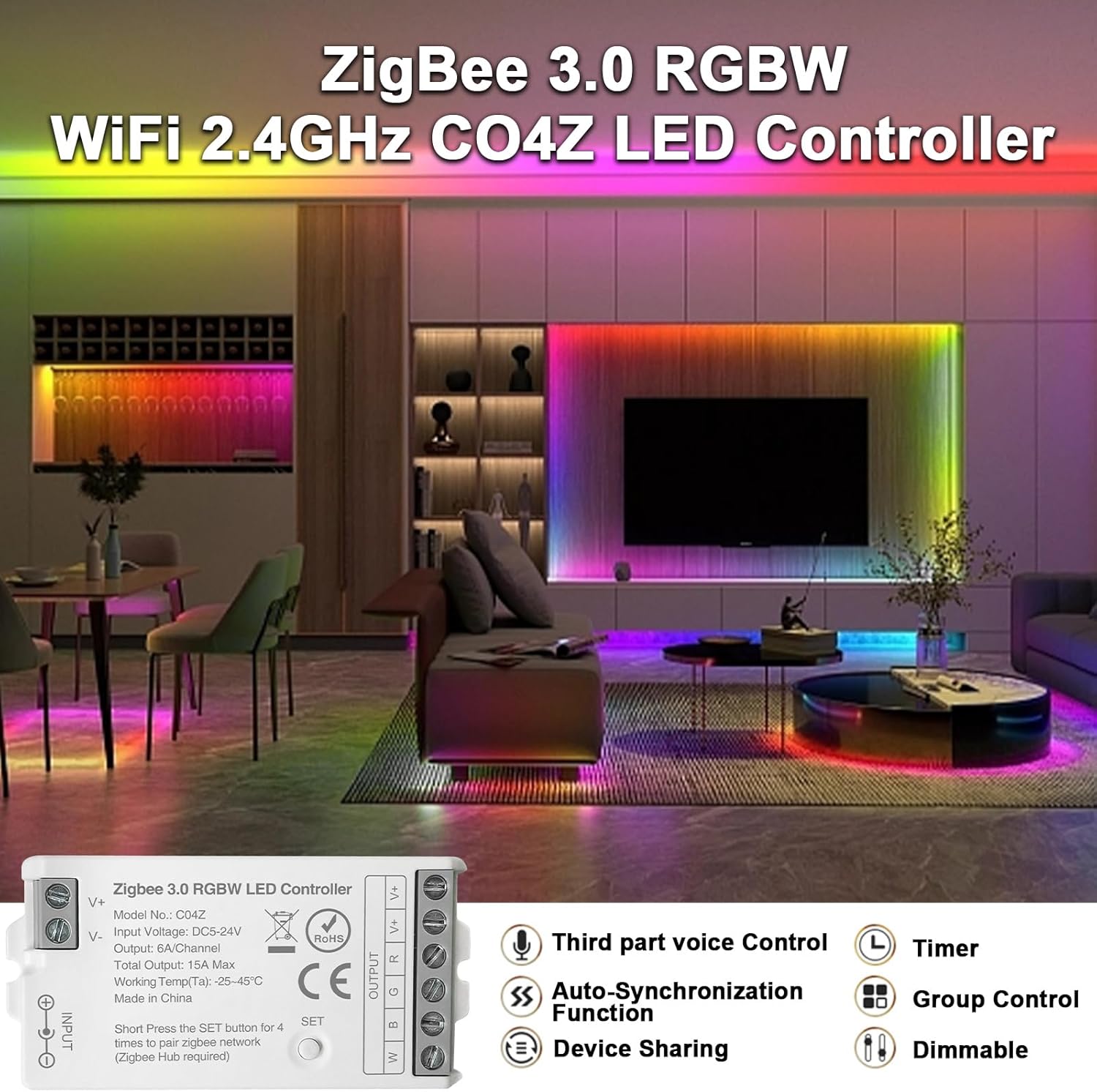 ZigBee 3.0 LED Controller C04Z RGBW LED Strip Bulb Dimmer Compatible with Echo Plus Home-kit Zigbee Hub Bridge Required DC5-24V for LED Strip Lights