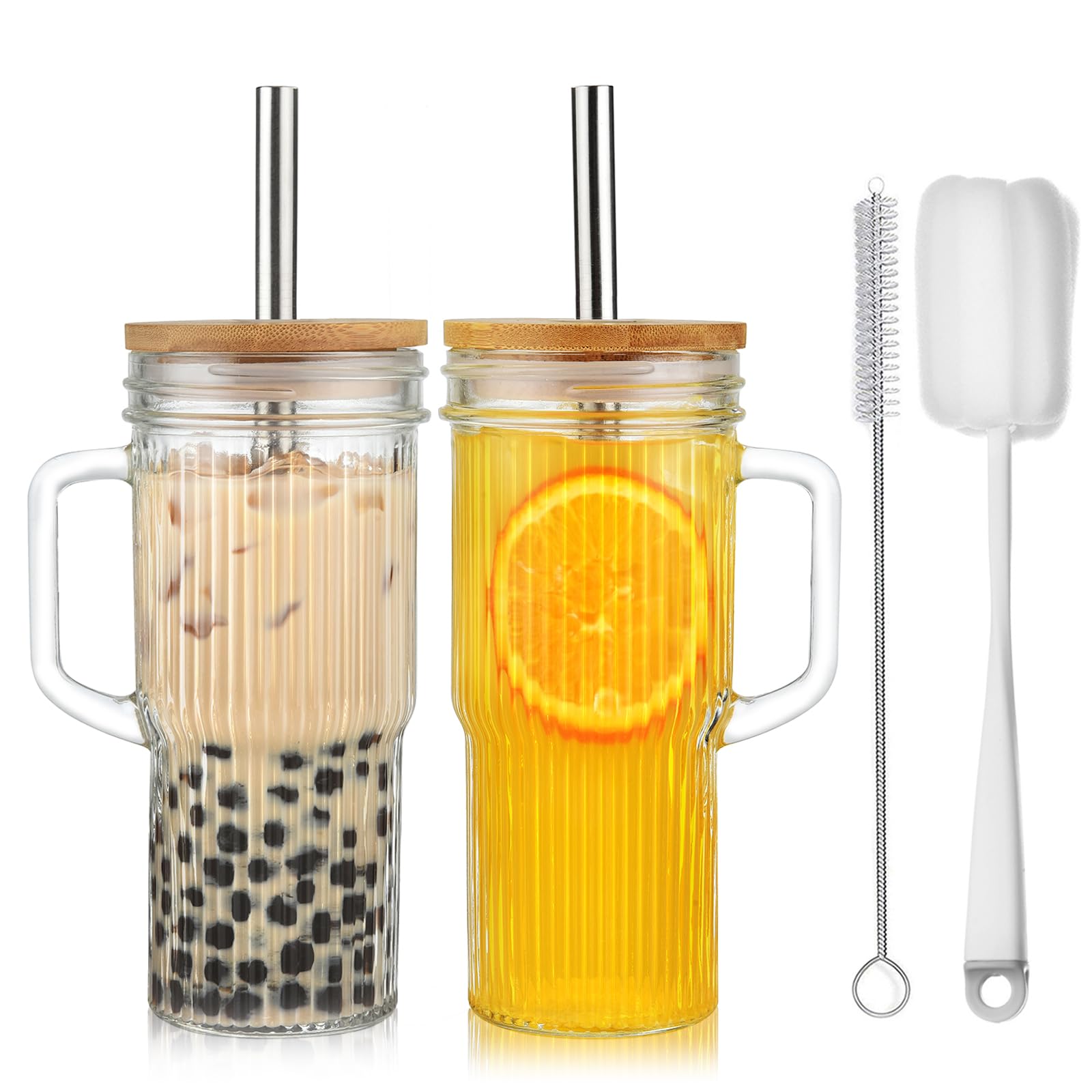 VITEVER 4er Set Glasbecher Mit Deckel & Strohhalm – 375 Ml, Gerippt, Für Eiskaffee, Bubble Tea, Smoothies