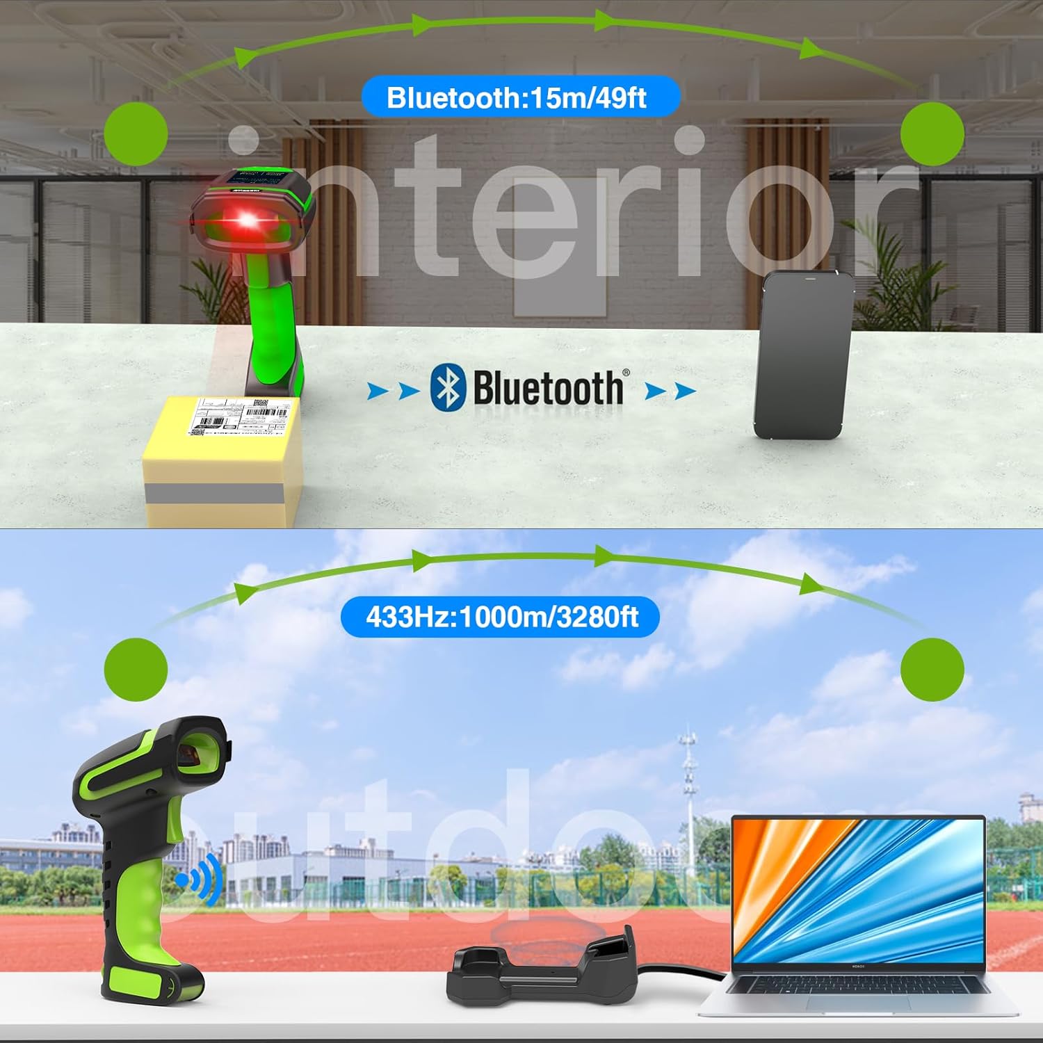 Image comparing Bluetooth range (15m/49ft indoors) and 433MHz range (1000m/3280ft outdoors) for the barcode scanner.