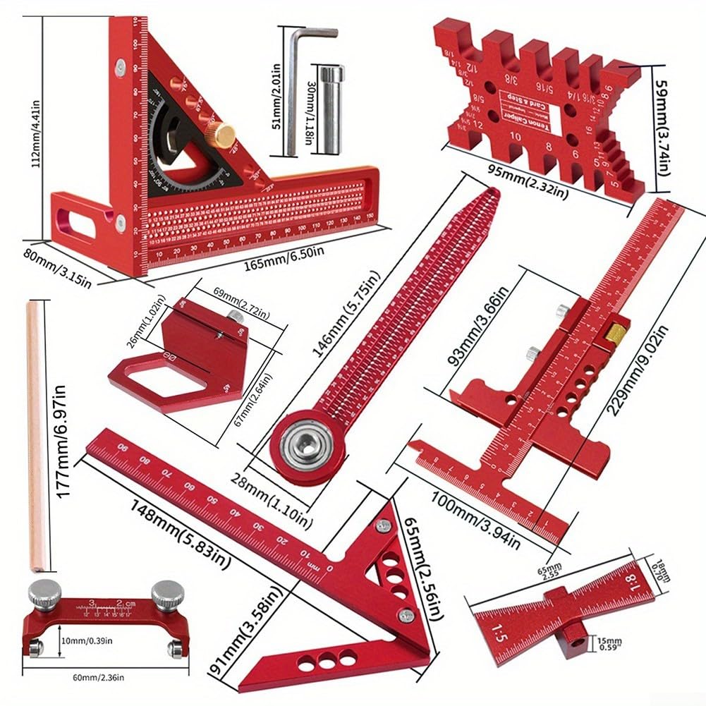 Ensemble d'outils de mise en page pour le travail du bois, règle carrée en alliage d'aluminium et jauge de marquage à queue d'aronde avec outil de traçage central pour la menuiserie, pour la mesure et