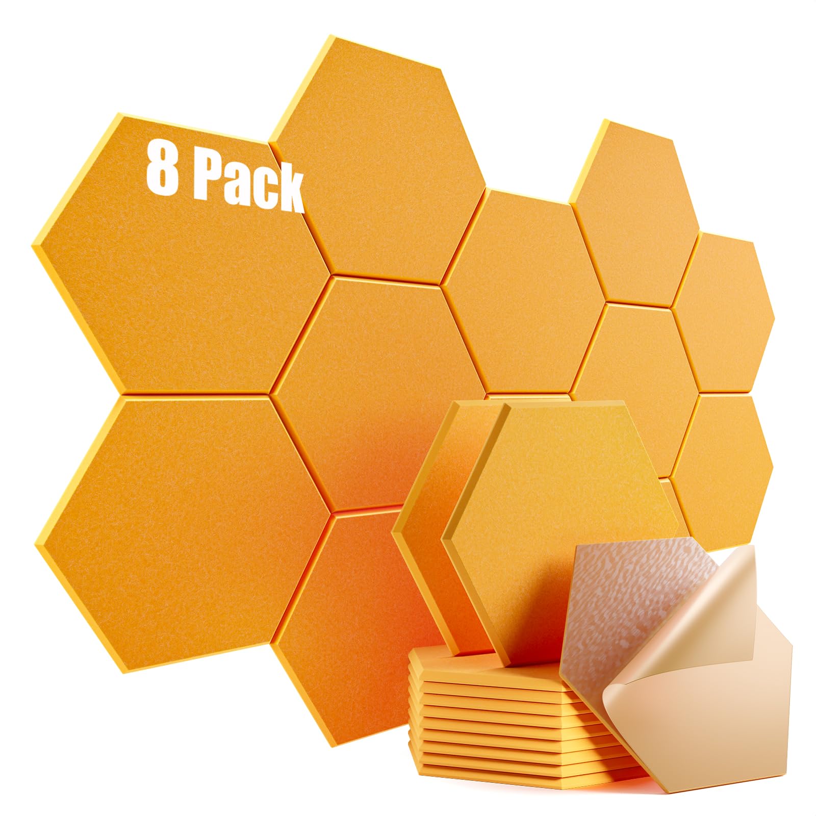 8 Pack Self-adhesive Acoustic Panels 12" X 10" X 0.4" -Sound Proof Foam Panels for wall with High Density, Hexagon Design, Flame Resistant, Absorb Noise and Eliminate Echoes(Orange Yellow)
