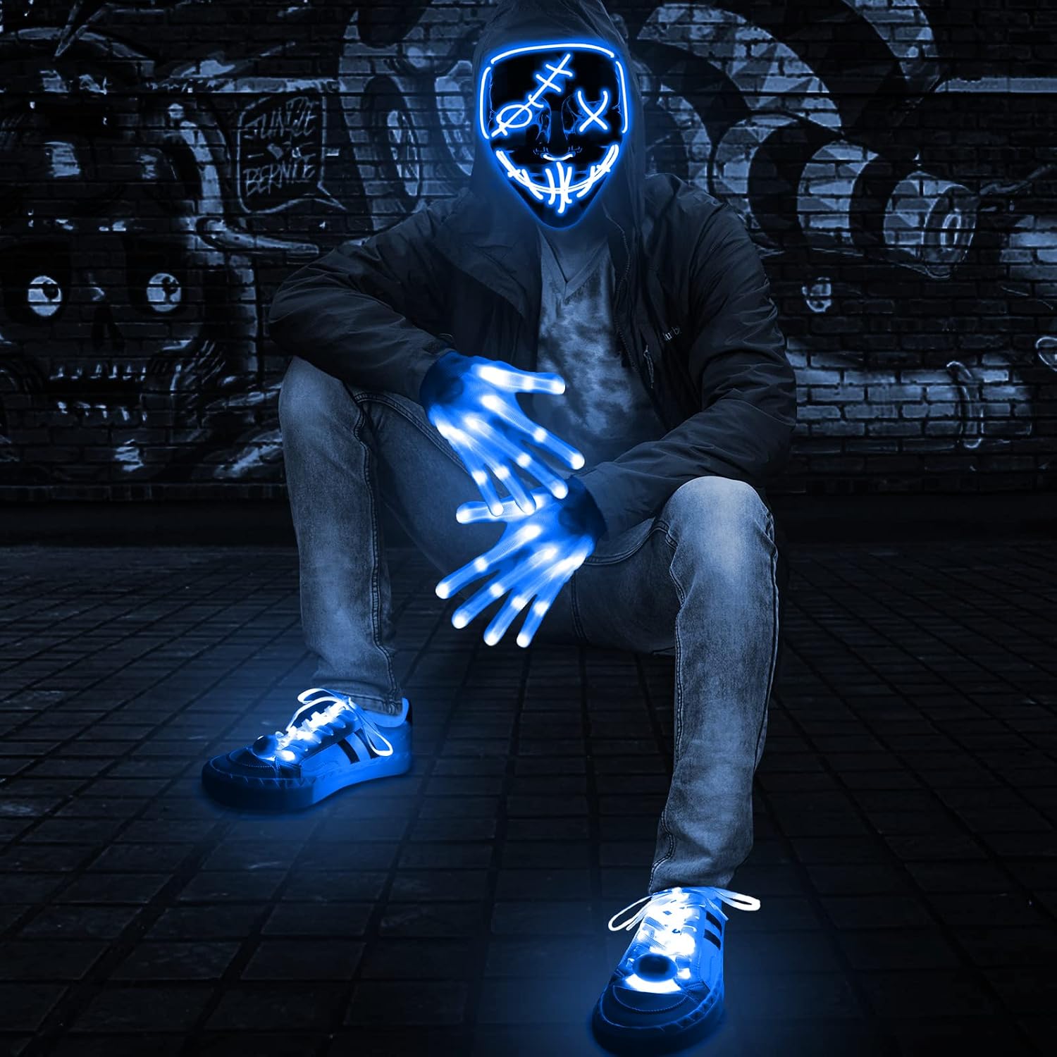 Camlinbo 3 Set Halloween LED Mask Light Up Gloves and Glow Shoelaces Scary Mask Halloween Costume Cosplay Party for Adult Kid