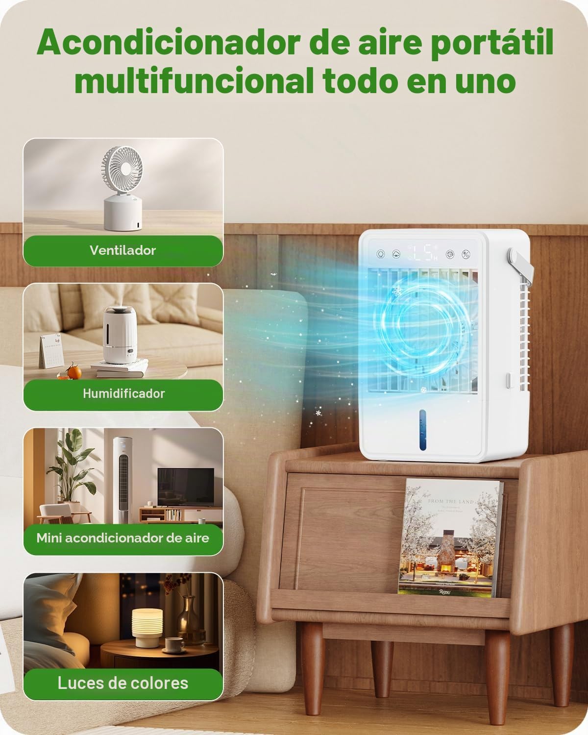 Mini Aire Acondicionado Portatil con 1.5L | Enfriador de Aire con 5 Velocidades + 3 Modos de Neblina | Temporizador 10H | Mando a Distancia y Luz RGB - para Dormitorios, Oficinas y Espacios Reducidos