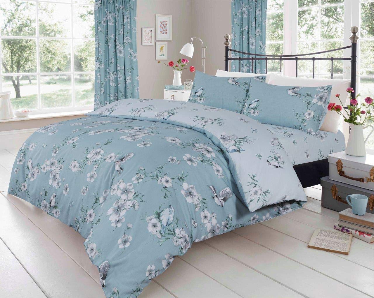LJ Birdie Blossom Floral Birds Pattern Duvet Cover Sets Cotton Rich Quilt Cover Sets Fully Reversible Bedding Sets (Duck Egg, King Size)