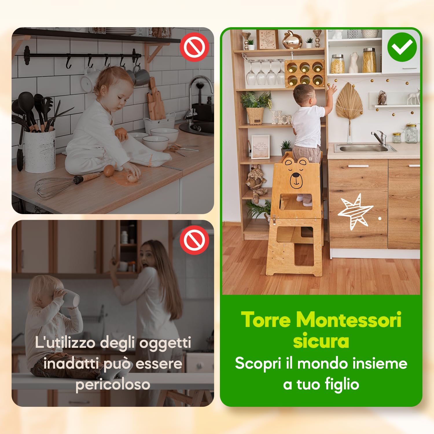 Torre Montessoriana 3-in-1 in Legno Naturale per Bambini da 1 Anno con Lavagna, Tavolo e Sedia, Sgabello Cucina e Bagno