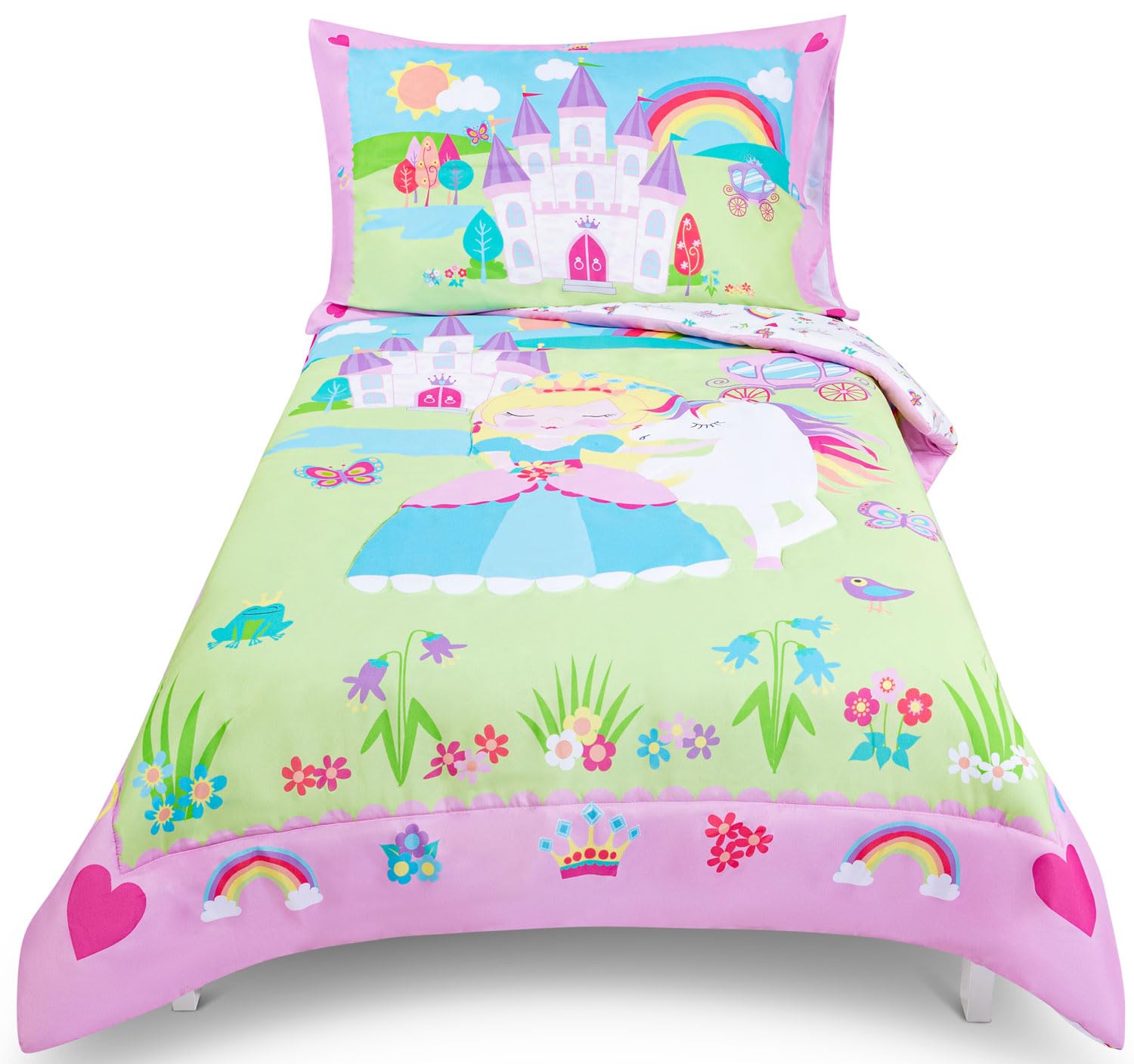 Todays Kids Princess Toddler Bedding Set for Girls - 4-Piece Toddler Bed Comforter Sets for Girls, Reversible Comforter &amp; Pillowcase, Flat Sheet, Fitted Sheet, Breathable &amp; Super Soft Microfiber