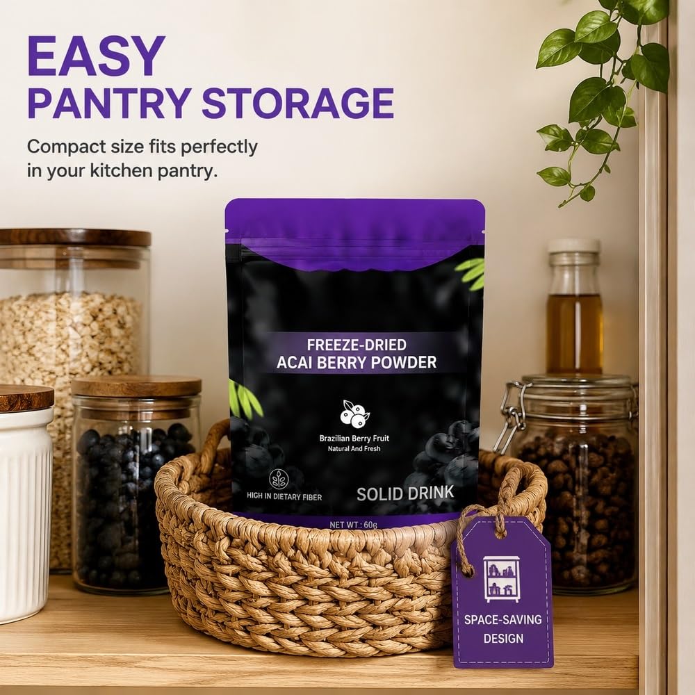 Polvere di bacche di acai liofilizzate, busta stand-up da 60 g | Polvere di Acai liofilizzata, macinata fine, facile da miscelare for bevande e dolci