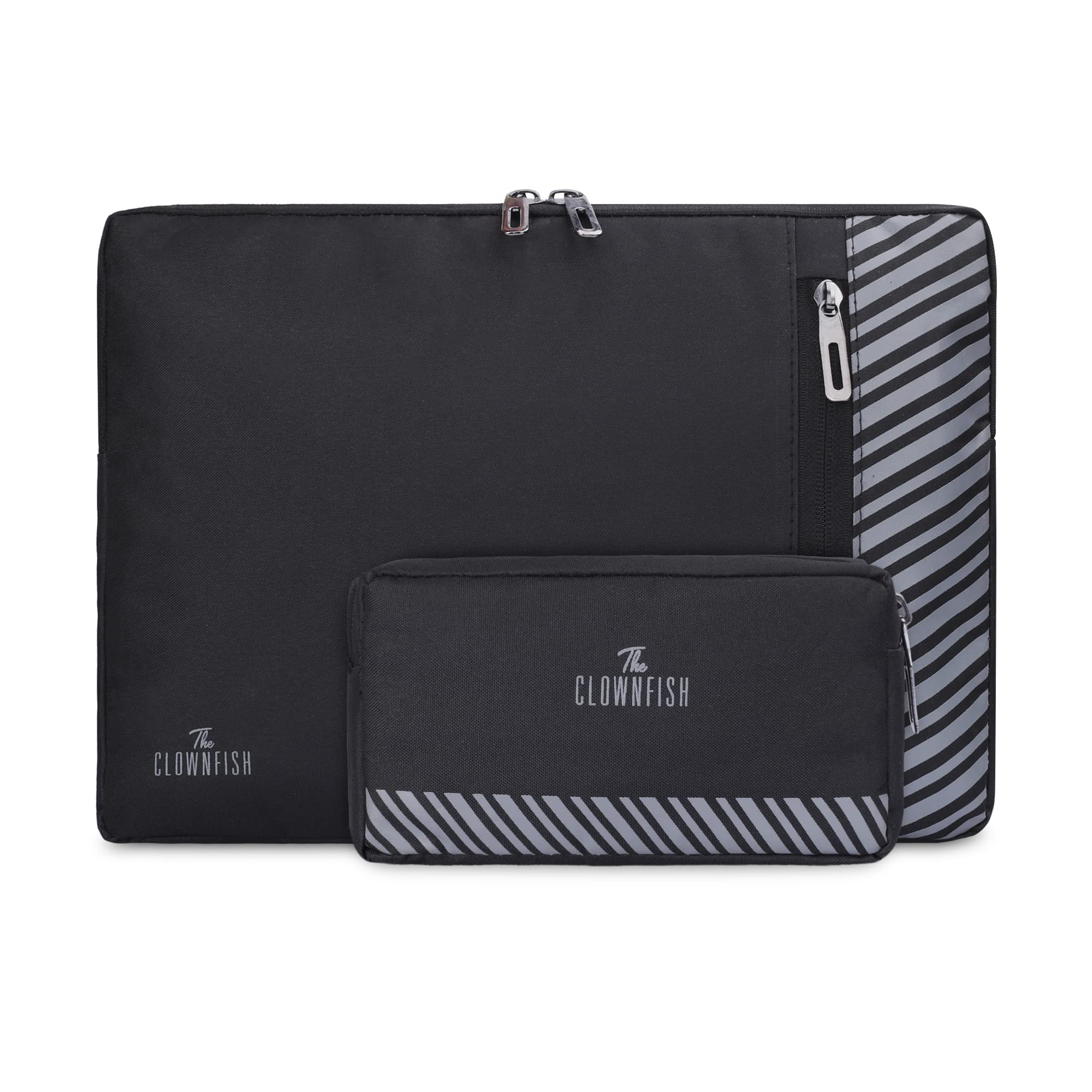 The Clownfish Combo of Algo Series Polyester 14 inch Laptop Sleeve & Scholar Series Multipurpose Polyester Travel Pouch Pencil Case Toiletry Bag (Black) (B0BPMJVYVX) Amazon Price History, Amazon Price Tracker