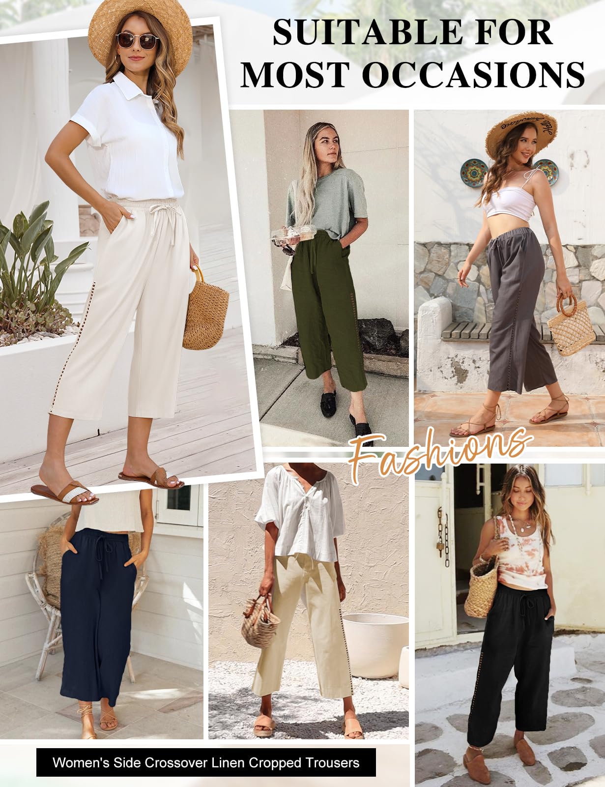 Voqeen Pantalon Lino Mujer Cintura Elástica con Cordón Pantalones Anchos 3/4 Pantalon Fluido con Bolsillos Pantalones Palazzo Casuales Pantalones Cortos De Playa De Verano
