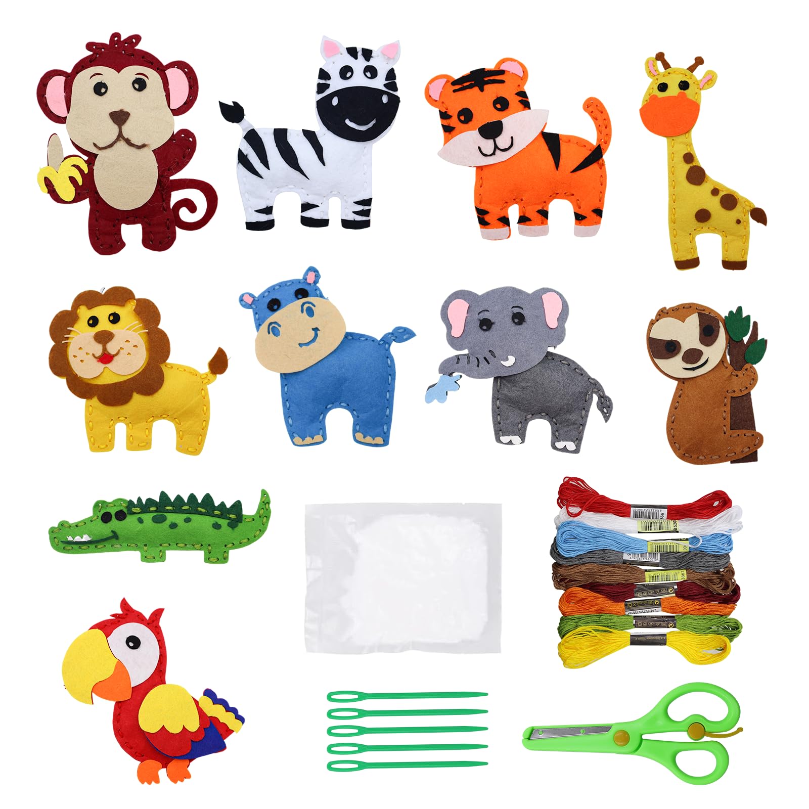 BEELUKY Sewing Kit Children from 6 Years Children's Sewing Kit Animal Shapes Felt Craft Set Animals Sewing Craft Set with Coloured Embroidery Thread Plastic Needles Scissors Filling Cotton Sewing Kit