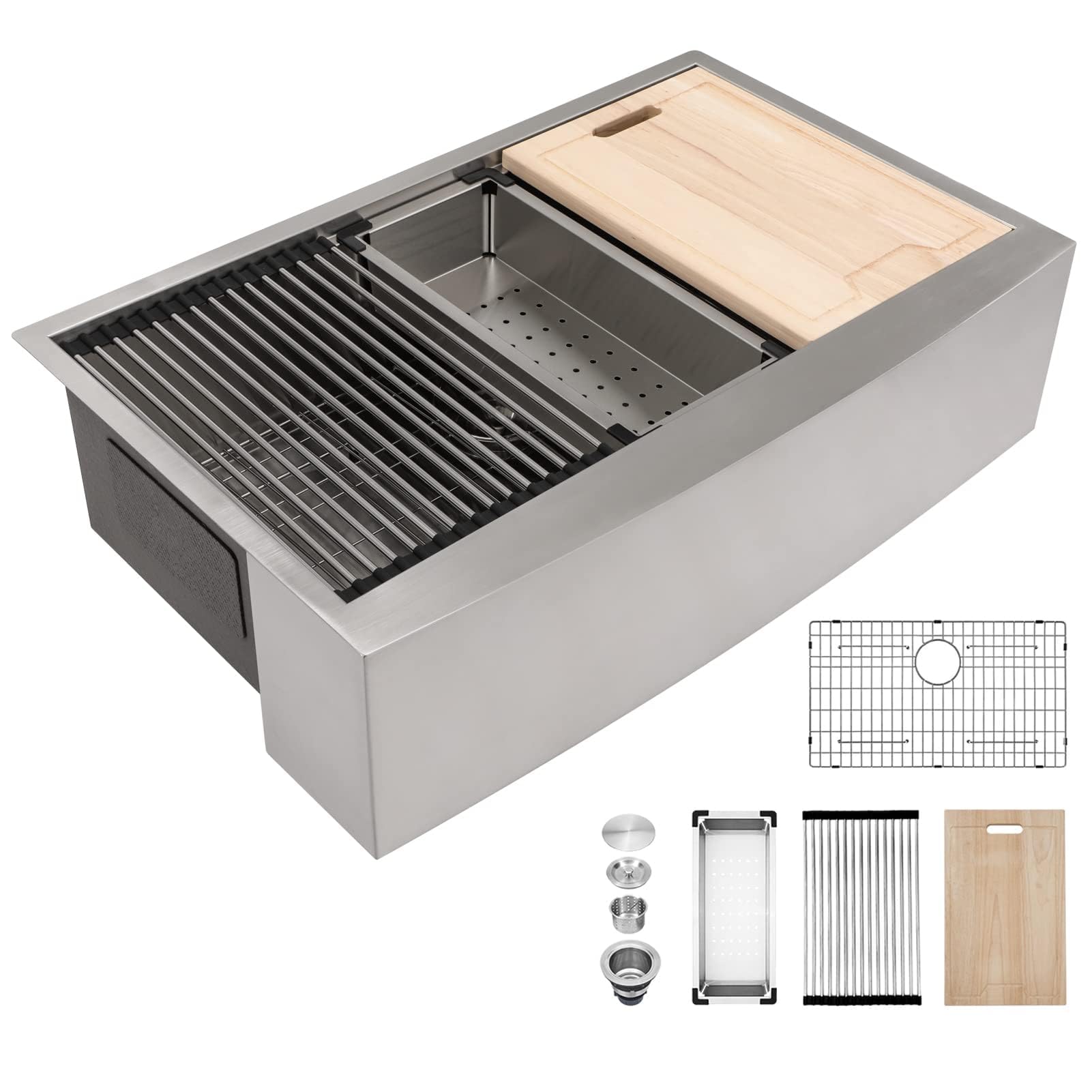 Kichae 33 Farmhouse Sink Stainless Steel - 33 Inch Kitchen Sink Apron Front Ledge Workstation 16 Gauge Stainless Steel Single Bowl Handmade Farm Style Kitchen Sinks