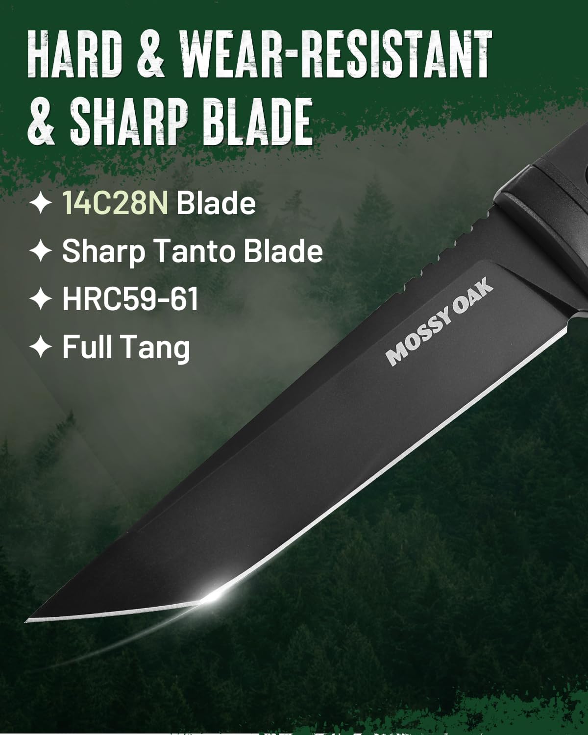 Mossy Oak 10 Inch Fixed Blade Hunting Knife, 14C28N Full Tang Tanto Hunting Knife with Sheath for Survival, Camping, Hiking, Tactical Use