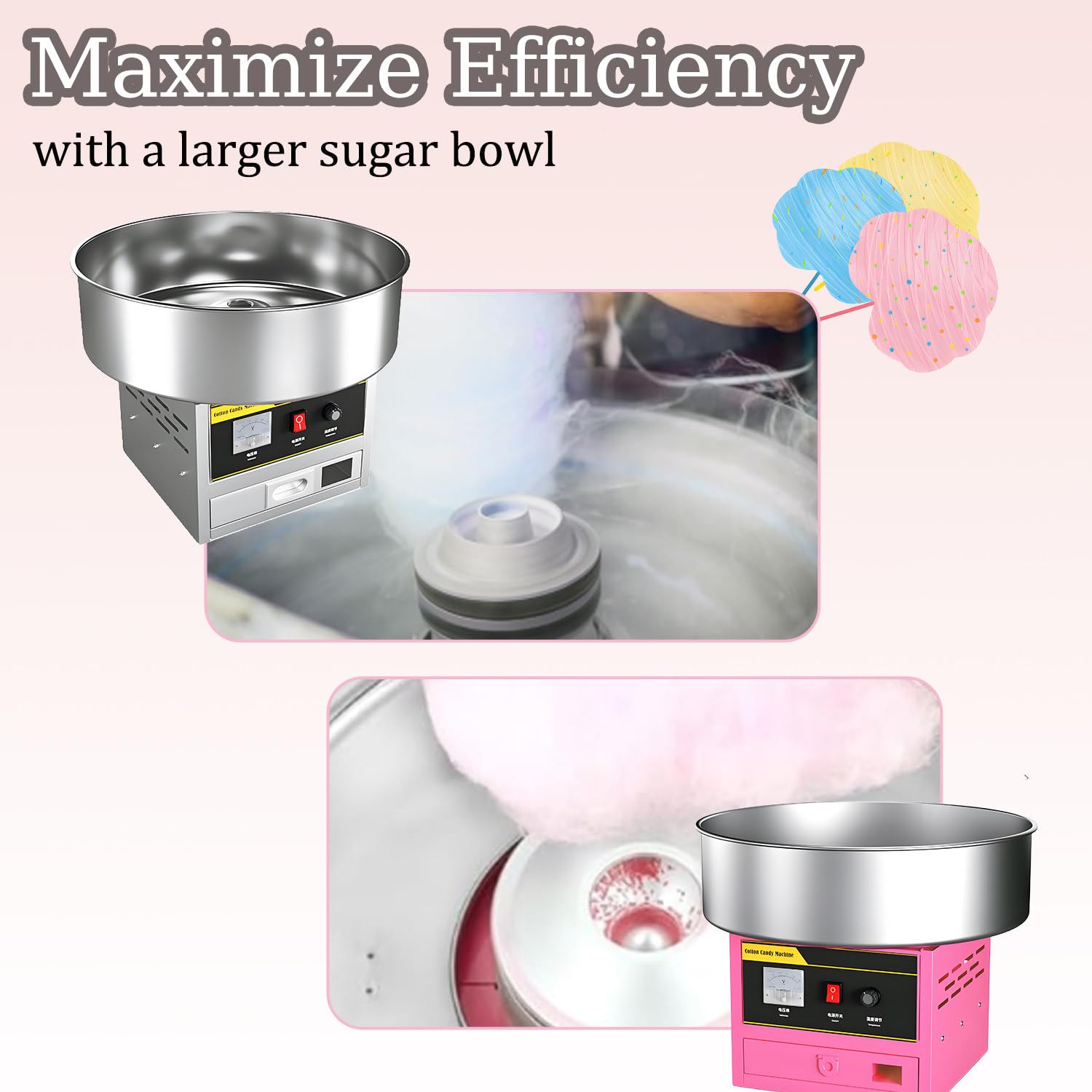 Máquina de Algodón de Azúcar Comercial, Producción Rápida de Algodón de Azúcar, con Tazón de Acero Inoxidable, para Fiestas Familiares y Cumpleaños Infantiles SilverStyle