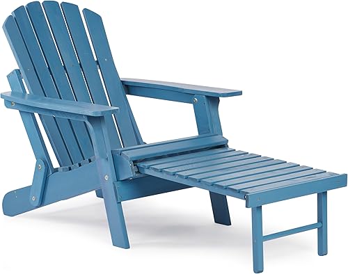 Silla Adirondack plegable de madera de gran tamaño con otomana, respaldo y tabla de asiento premontados, silla de descanso para patio al aire libre,