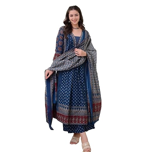 KLOSIA Women's Rayon Printed Anarkali Kurta and Pant with Dupatta Set