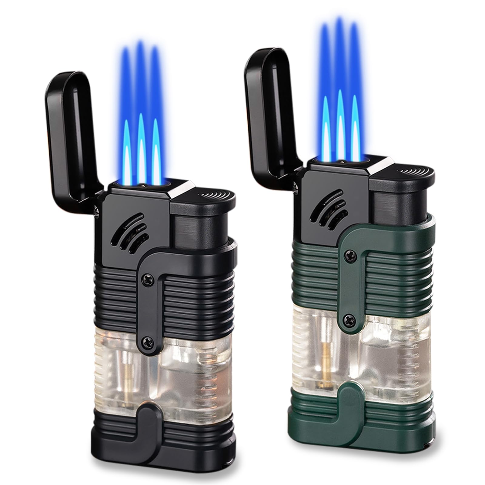 Torch Triple Jet Flame Lighter - Windproof, Refillable Butane Gas, Adjustable 3 Flame Lighter for Candle & Kitchen - Green