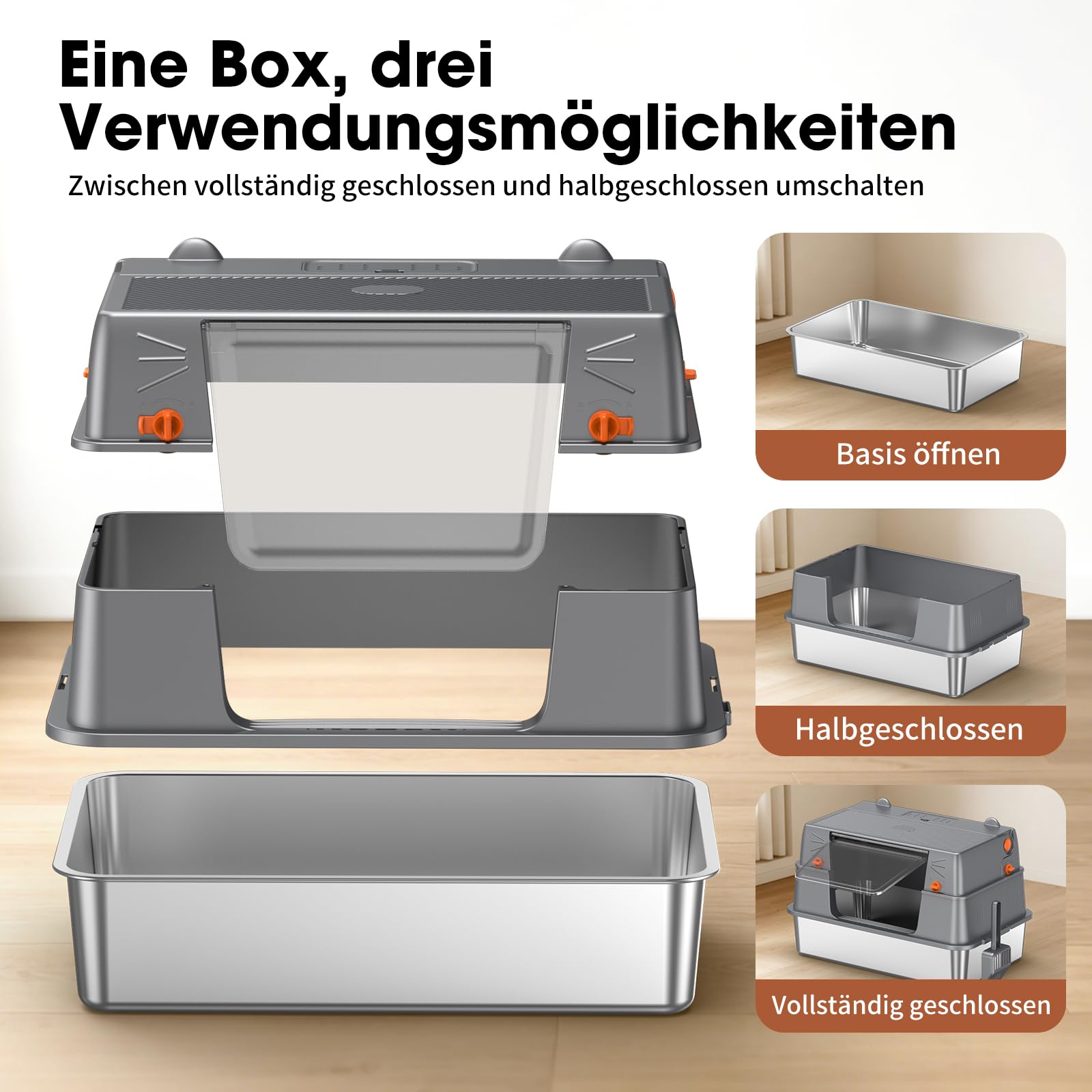 Edelstahl Katzentoilette Geschlossen 100° Klappdeckel,Dunkelgrau | Metallwanne, Vollständige Öffnung, Leichte Reinigung, 55L Volumen, Stabil Für Große Katzen