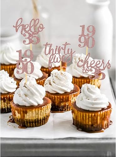 Miniatura 5 de 24 decoraciones para cupcakes de cumpleaños 35 con purpurina de 35 años, decoraciones para tartas de cumpleaños de 35 años (oro rosa)