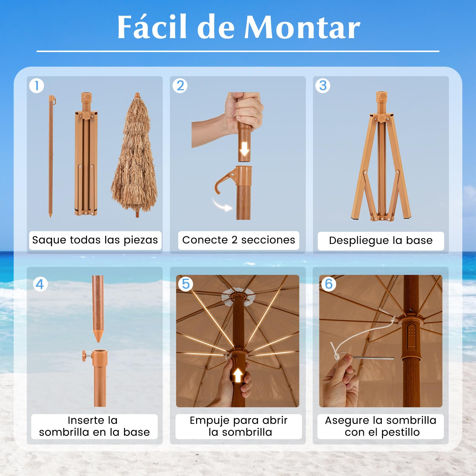 COSTWAY Sombrilla de Playa 200cm con Base Plegable y Botón de Inclinación, Estilo Hawaiano de Paja PP con Bolsa de Transporte para Terraza, Jardín, Piscina y Exterior