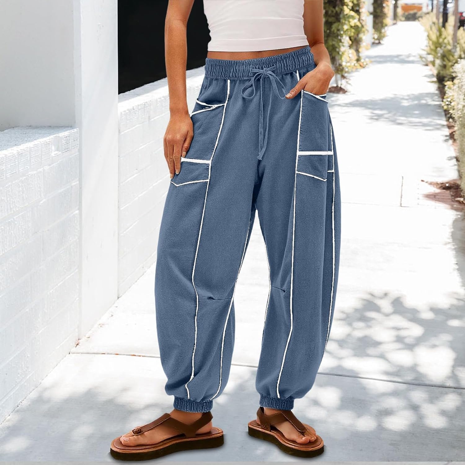 Womens Harem Pants High Elastic Waist Baggy Drawstring Palazzo Trouser with Pockets Color Block Lounge Sweatpants