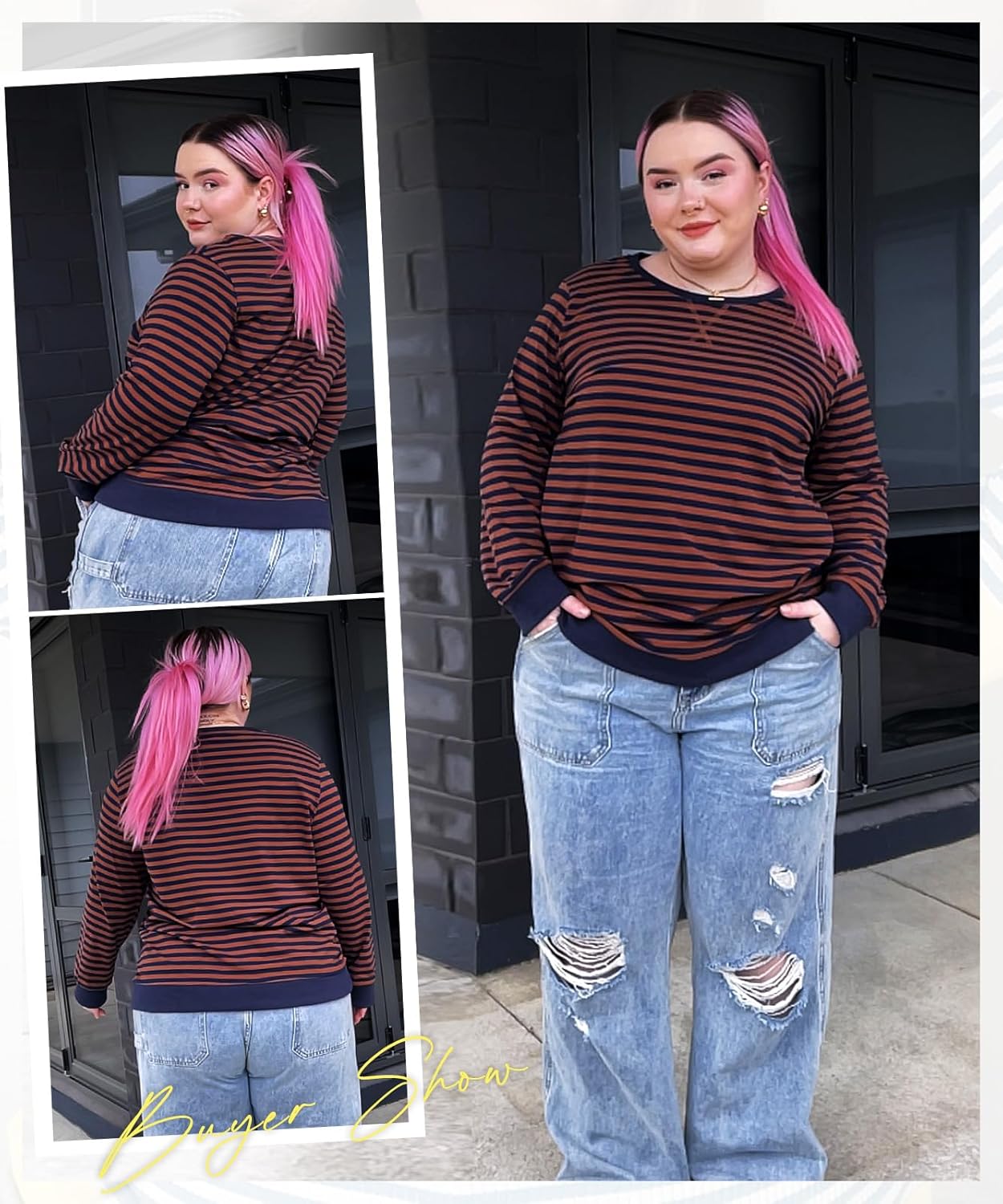 CARCOS Plus Size Tops for Women Crew Neck Striped Sweatshirt Long Sleeve Pullover Top Casual Color Block Shirts - Image 5