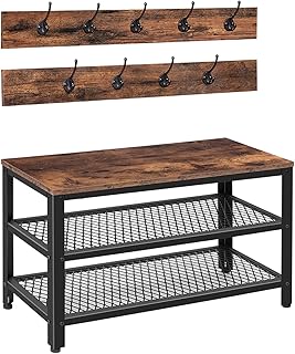 HOOBRO Porte-Manteau, Vestiaire, Meuble d'entrée, Portemanteau avec 9 Crochets, Banc et étagère à Chaussures, Cadre en Métal, Industrie, pour Manteaux, Chapeaux, Sac EBF17MT01