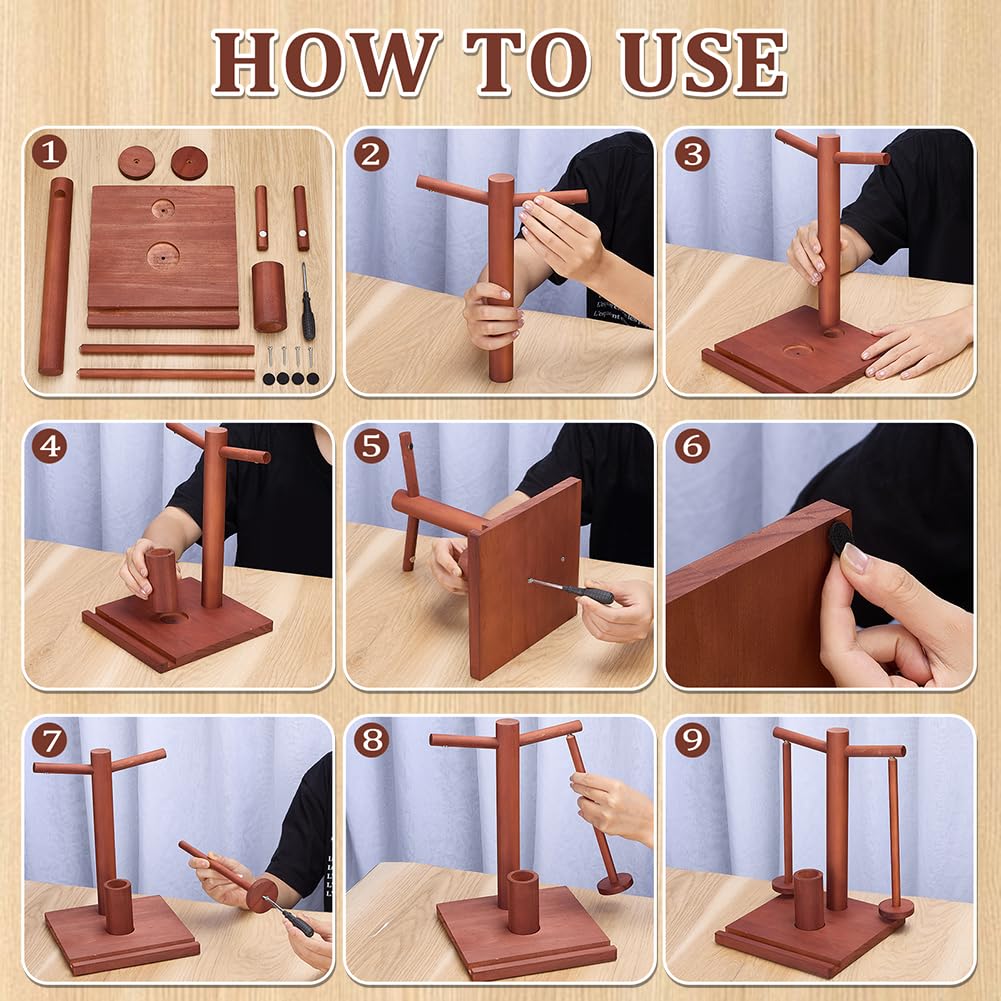 PH PandaHall Porta Filato Doppio in Legno Supporto per Gomitoli di Filato per Uncinetto e Maglia, Rosso Scuro Filatore Stabile con Base Organizer per Riporre Filati per Lavori Artigianali in Casa