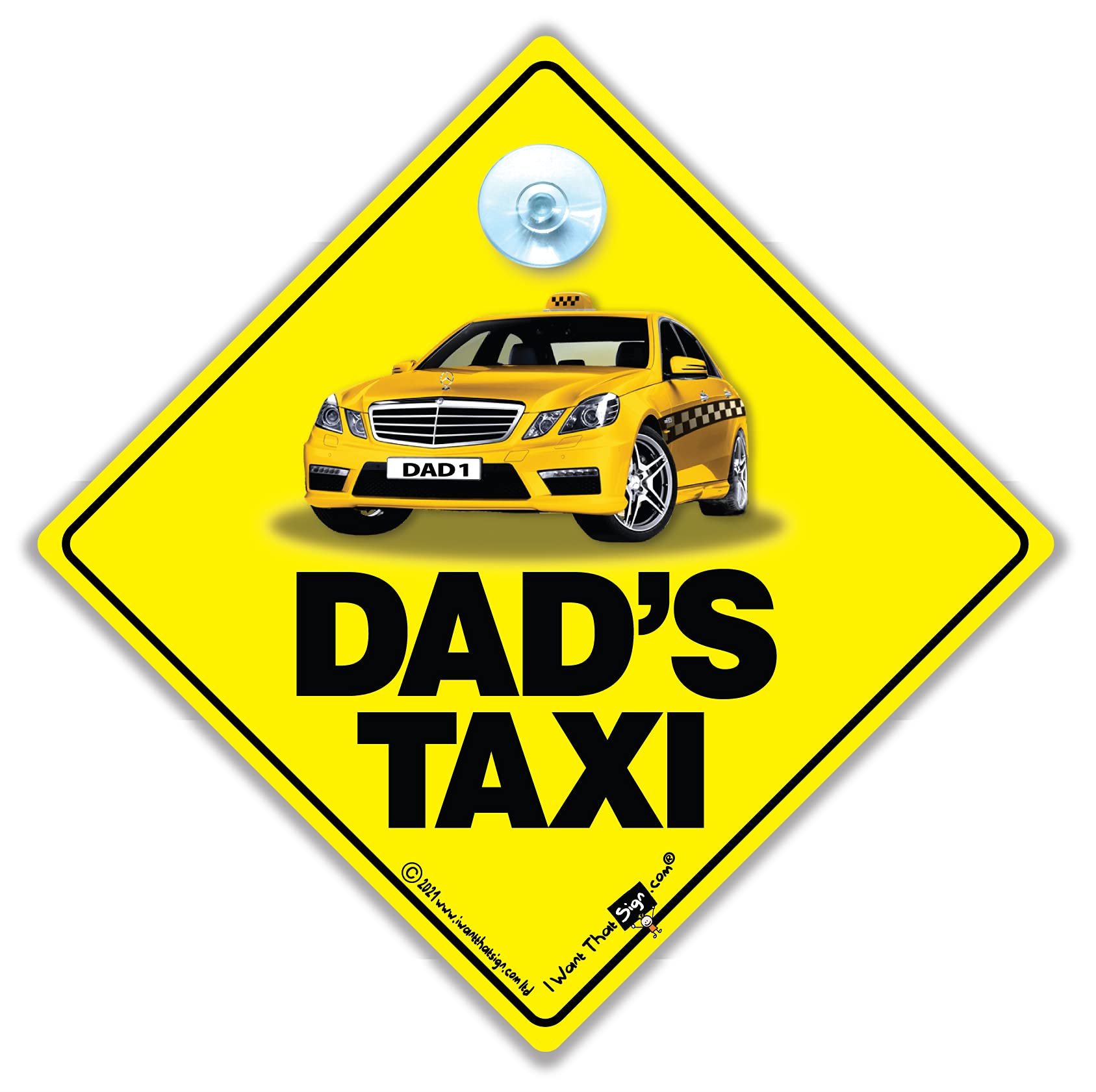Iwantthatsign.com Black Dad's Taxi Sign, Suction Cup Car Window Sign In Bright Yellow And Novelty Dad's Taxi Car Sign, 14Cm X 14Cm