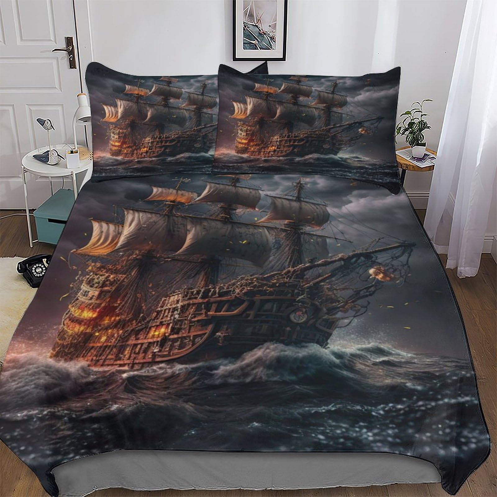 Dcccy Boys Pirate Ship Duvet Cover Set Microfibre Soft Quilt Covers 3 Pieces Bedding Cover With Pillowcase For Girls And Teenagers Double (200X200cm)