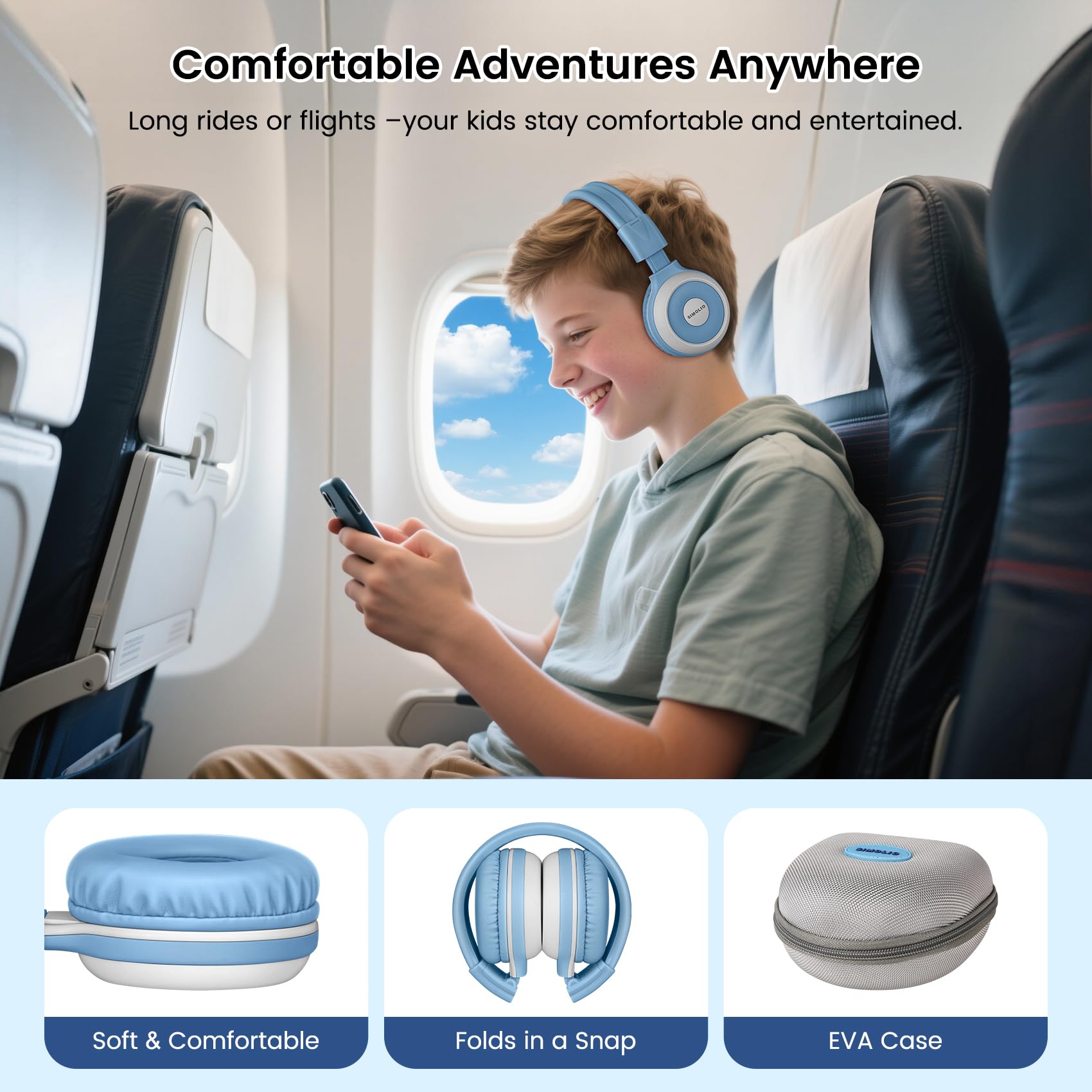 SIMOLIO Confezione da 2 cuffie Bluetooth per bambini per l'ascolto di gruppo, compatibili con qualsiasi dispositivo Bluetooth singolo per viaggi scolastici in famiglia, film e musica, microfono