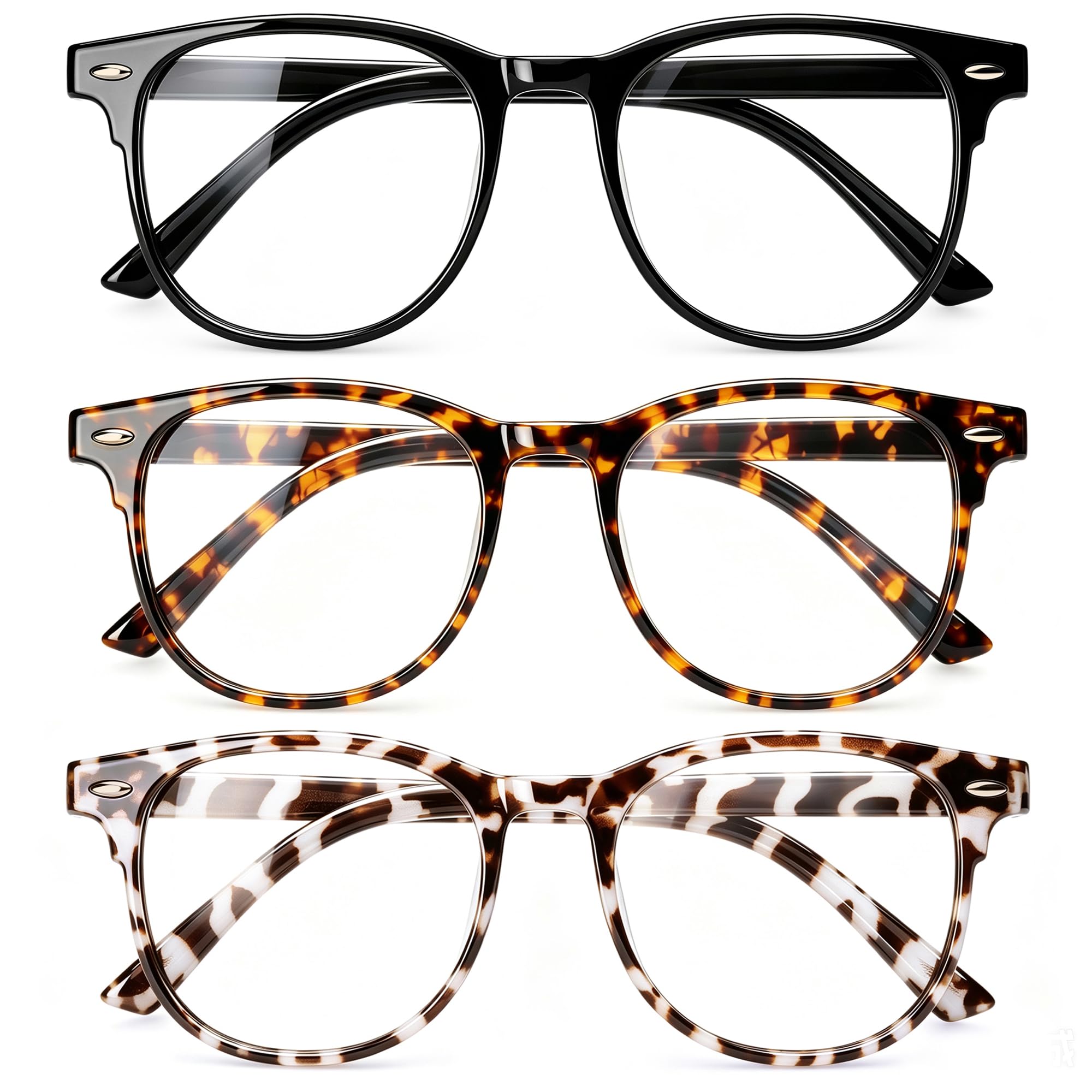 Gaoye Blue Light Glasses for Woman 3 Pack | Half Round, Screen-Ready Computer Glasses Style with UV Protection Coating Black + Leopard + Tortoise clear Round