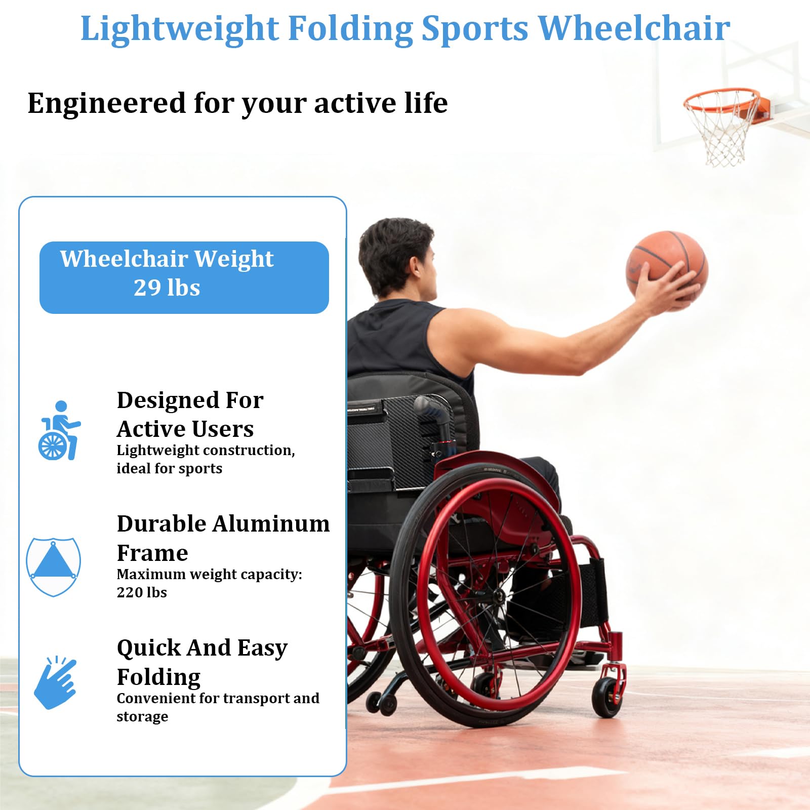 Carrozzina per disabili, Pieghevole, Alluminio, Sedia A Rotelle Portatile, Sedia Stretta, Freno Manuale, Poggiapiedi Pieghevoli(40cm/15.7in Seat,Black)