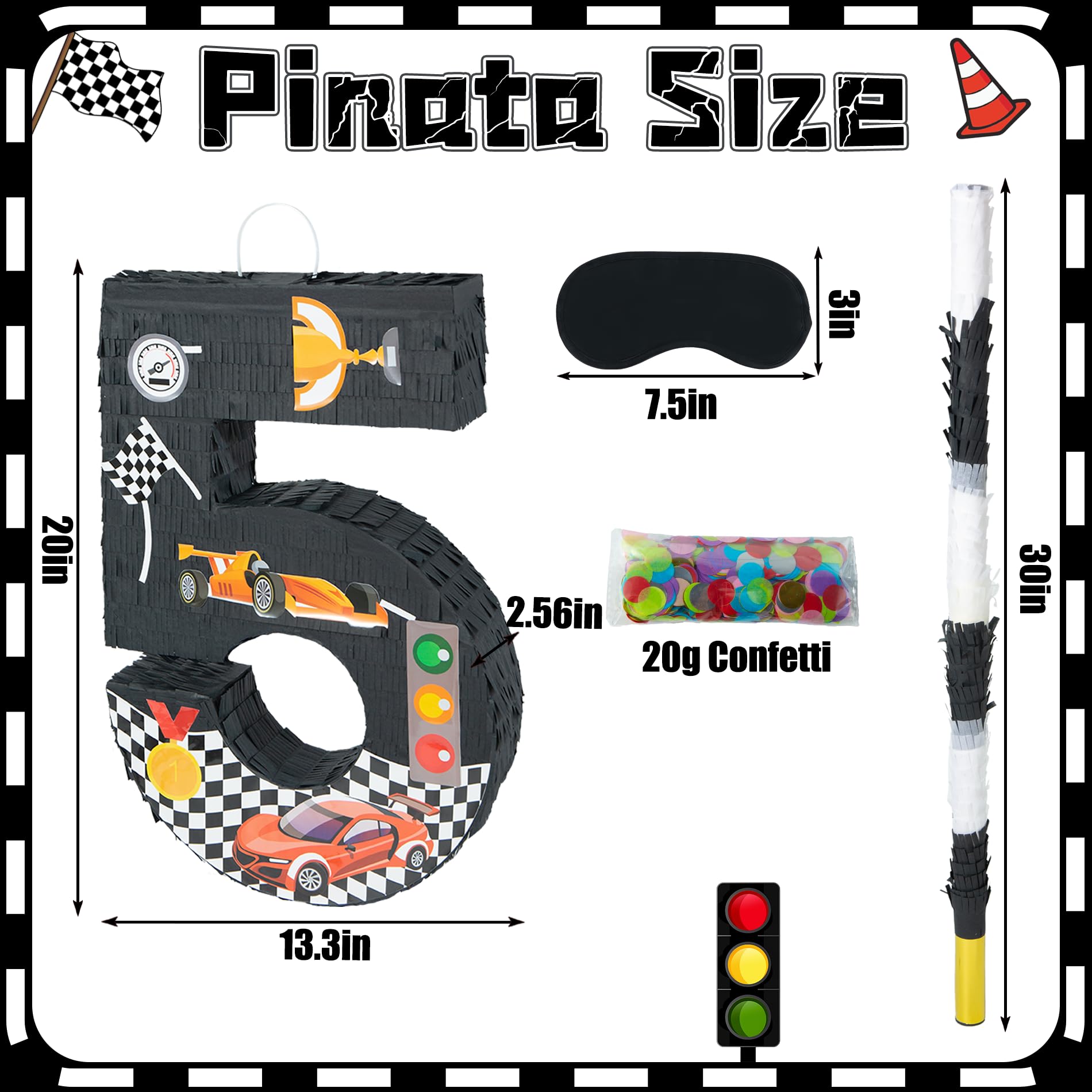 PCFING Piñata de coche de carreras número 5 de 20 pulgadas con palo de piñata de 30 pulgadas, confeti para niños, niñas, adultos, carreras, decoraciones de fiesta de cumpleaños, celebración de