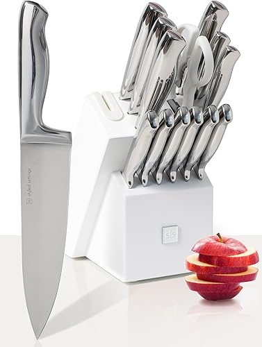 Styled Settings Juego de cuchillos de acero inoxidable con afilador integrado, 14 piezas ultra afilados, juego de cuchillos de cocina de acero