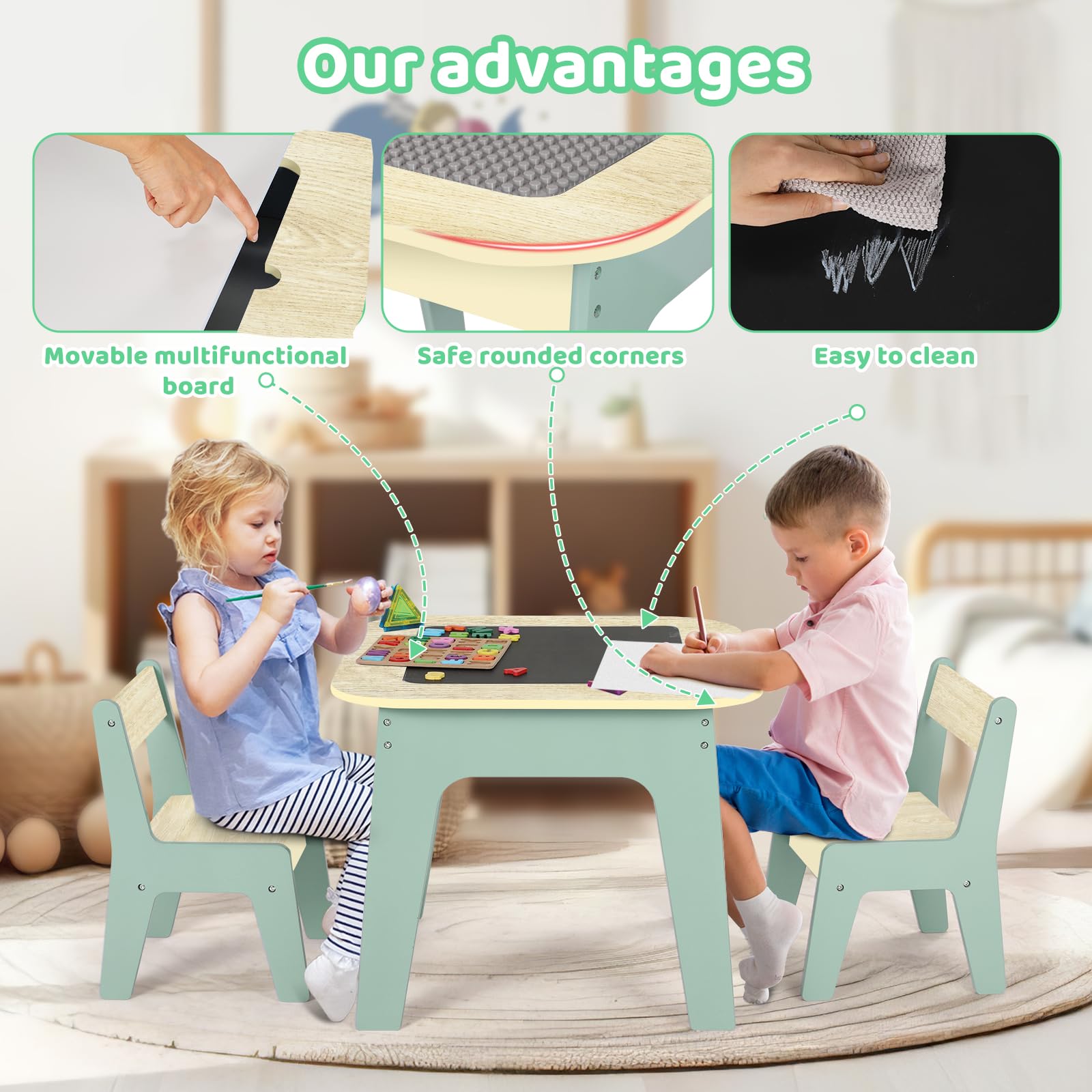 MAMIZO Kindertafel met 2 stoelen, kinderzitgroep, kindertafel, kindermeubel voor kinderkamer, opbergruimte, kindertafelstoelset, schildertafel en bouwplaat, kinderzitset, zitgroep, blauw