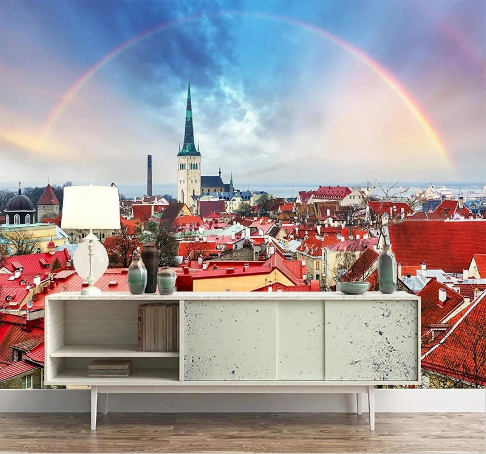 Xlming 400Cm×280Cm(B×H) Beautiful Rainbow Red City Architecture Landscape 3D Wallpaper Silky Texture Home Study Office Grey Dining Room Sofa Bedroom Living Room Tv Backdrop-400Cm×280Cm