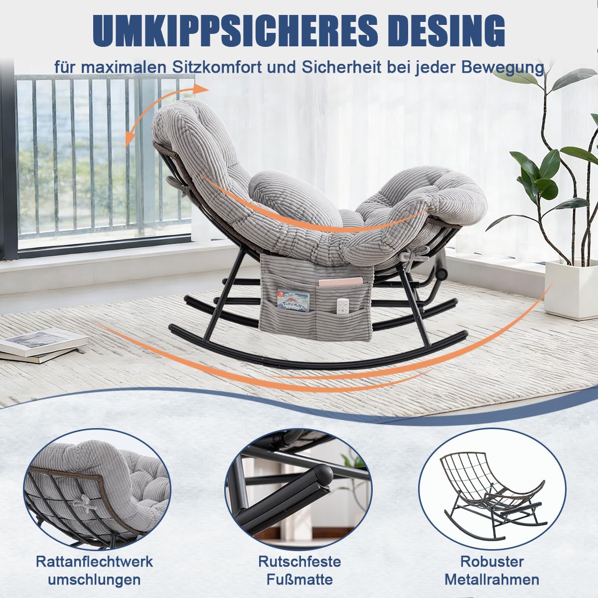 Schaukelstuhl mit Verlängerbarer Fußhocker, Indoor & Outdoor-Rattansessel ohne Armlehnen mit Kissen und Seitentasche, Rutschfesten Füßen, für Wohnzimmer, Balkon, Schlafzimmer, Hellgrau Cord