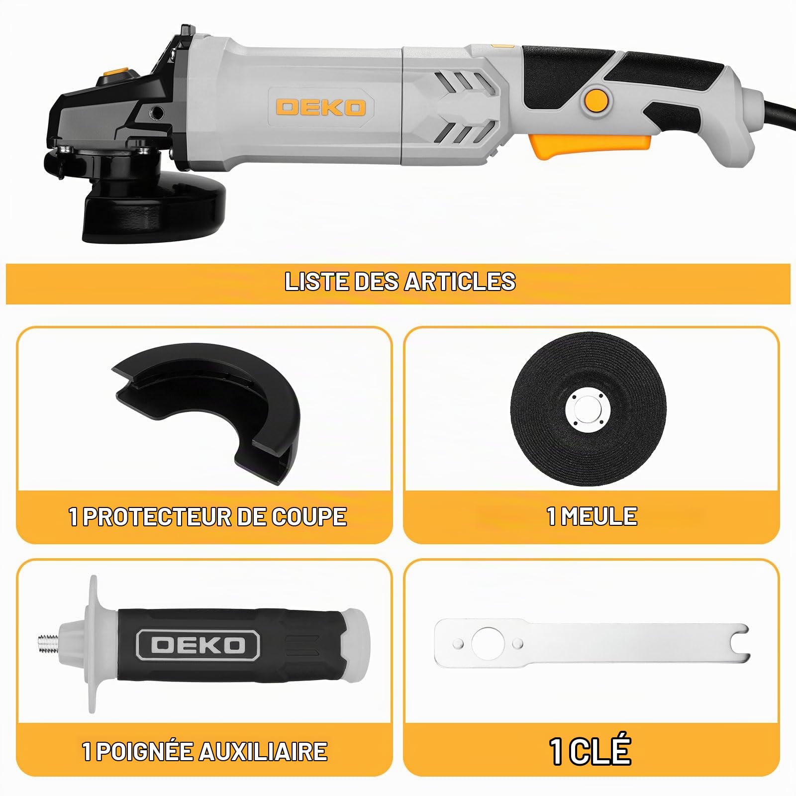 DEKOPRO Meuleuse d'Angle 900W: Ø 125mm Longues Poignées Meuleuse d'Angle Électrique avec Poignée Auxiliaire, Capot de Protection, Écrou de Serrage, Clé à Ergots, pour Meulage, Tronçonnage