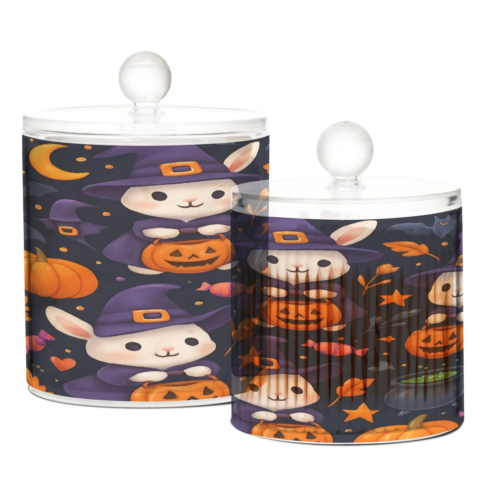 BOESI Bathroom Organizer Set of 2, Cotton Swab Caddy with Lid Dispenser, Cute Halloween Rabbit