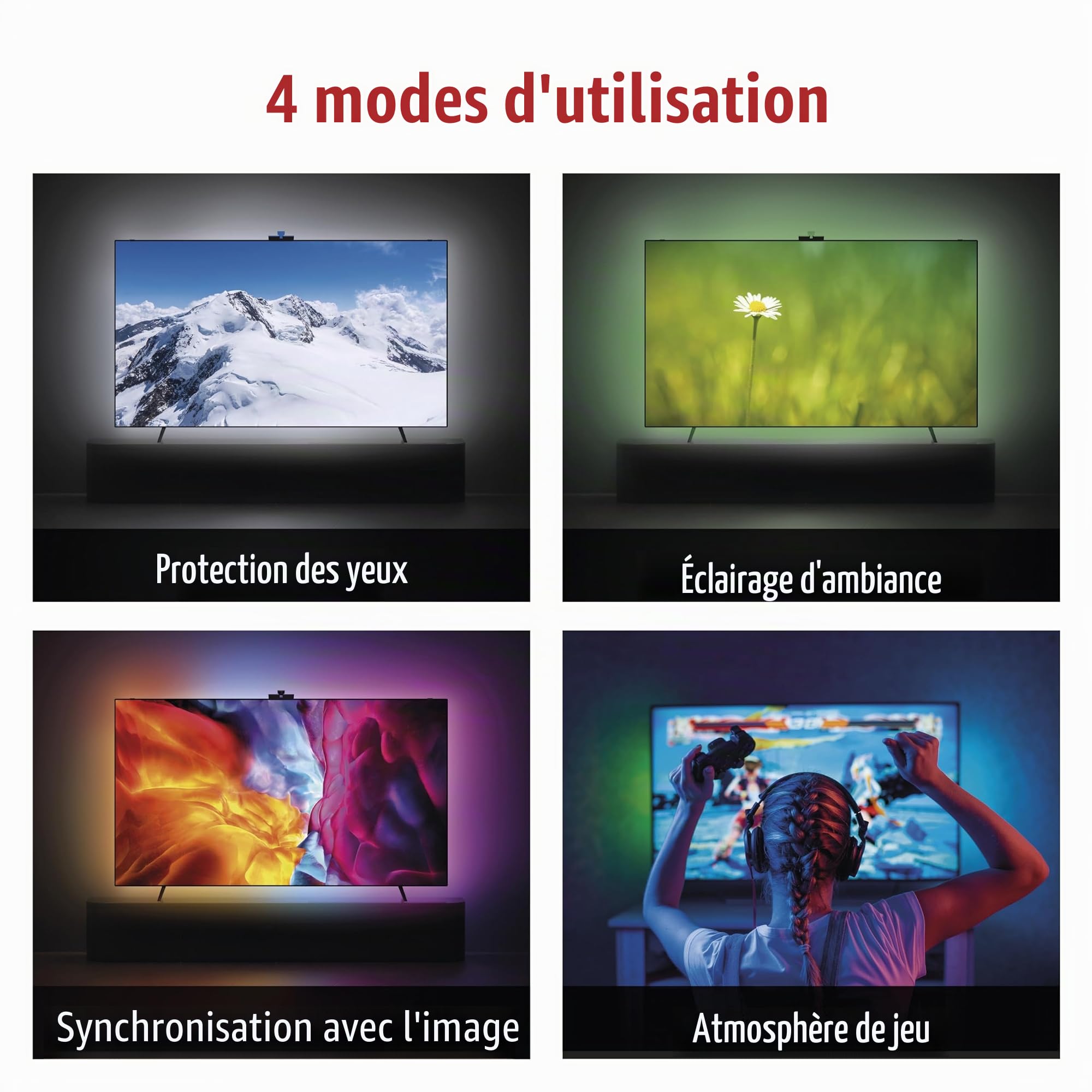 EMOS Rétroéclairage Intelligent pour TV de 55" (139 cm) - Tubes Lumineux LED RGBIC Amovibles pour téléviseur, avec Appareil Photo - Luminosité 450 LM - Connectivité WiFi, contrôle par Application,