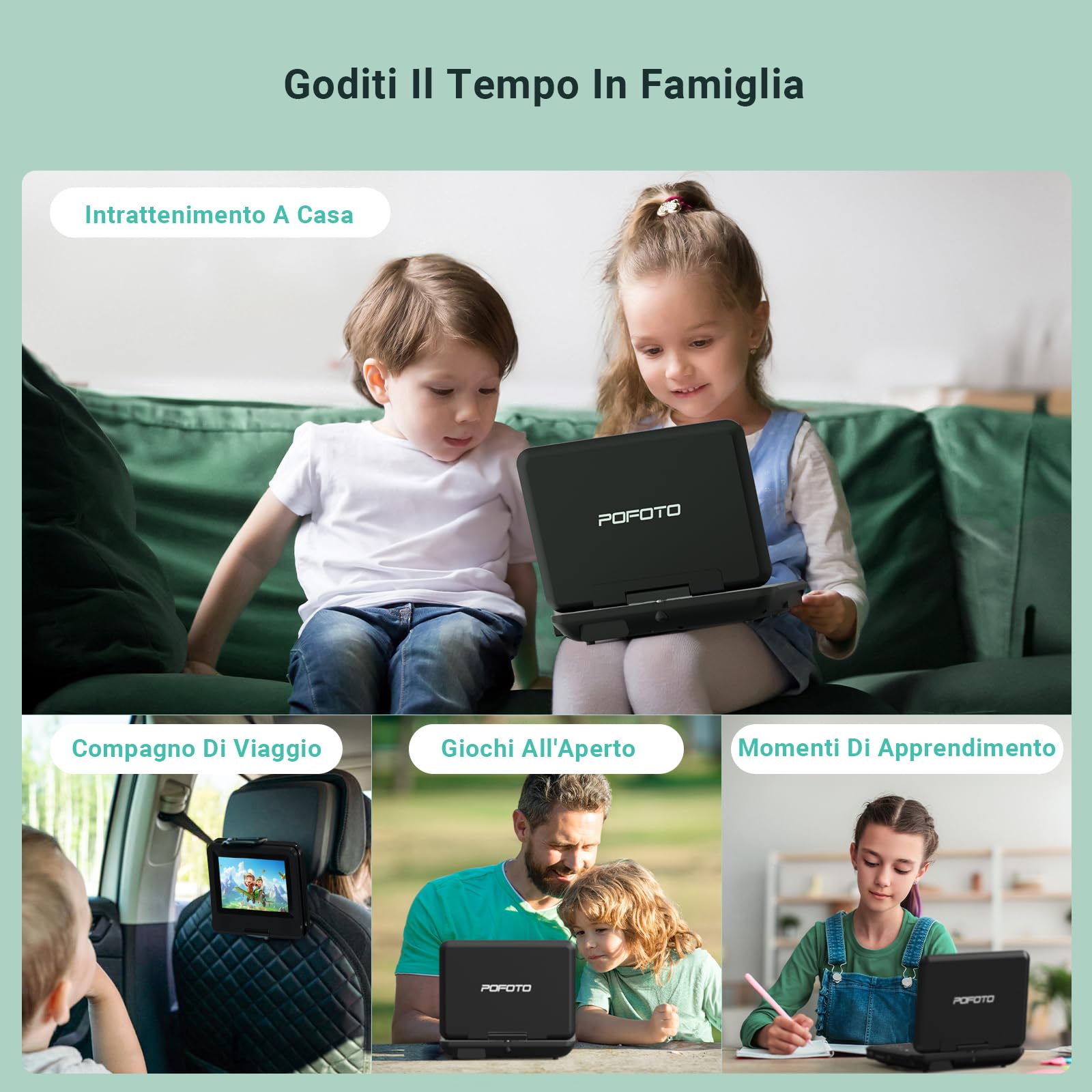 POFOTO Lettore DVD Portatile 9,5'' Schermo HD Ruotabile 7,5'' Batteria 4-6 Ore Supporto Multiformato Dischi SD USB Antiurto
