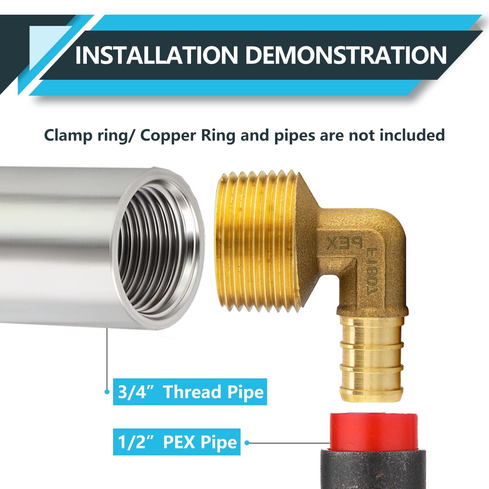 ASTM F1807 - Confezione da 10 raccordi PEX, 1/2" x 3/4" maschio filettato NPT a gomito, raccordi a crimpare in ottone, per tubi PEX idraulici