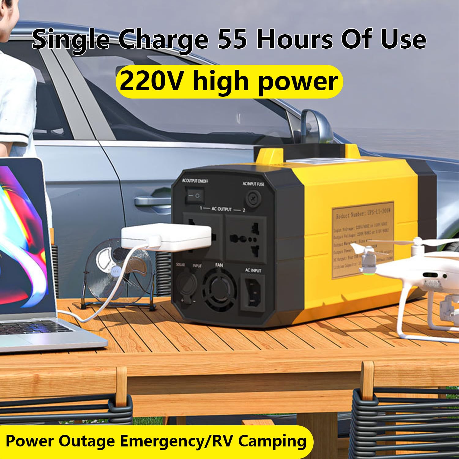 Estación de energía portátil, generador solar de respaldo para camping con toma de corriente alterna y luz LED para camping, caravanas, drones e iluminación exterior, con 2 tomas de corriente y 4 pu