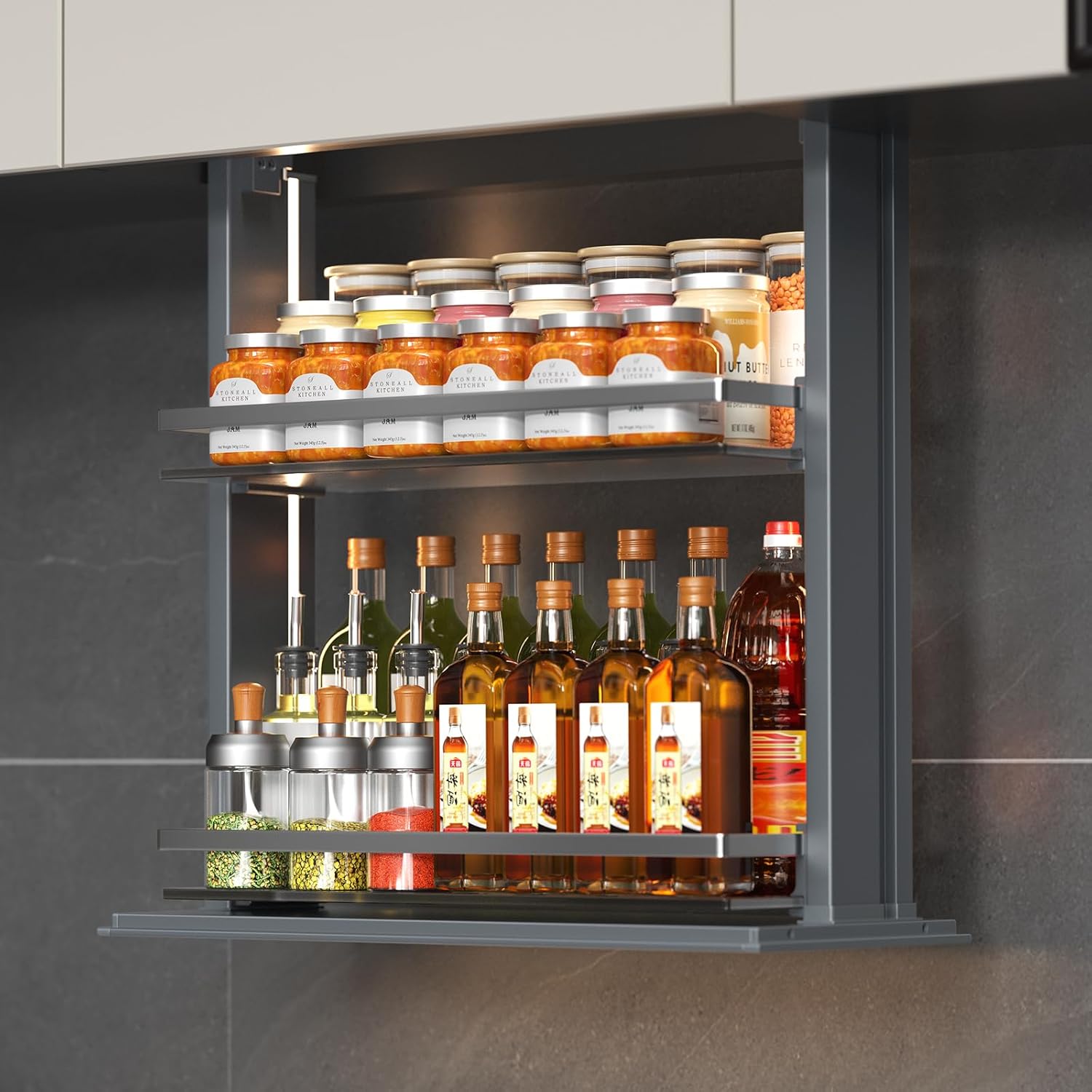 Smart Pull Down Shelf- Electric Pull Down Shelves for Upper Kitchen Cabinets, Touch Switch Spice Rack,Kitchen and Pantry Organization Cabinet Organizer,26" W x 26" H, Pro256Y