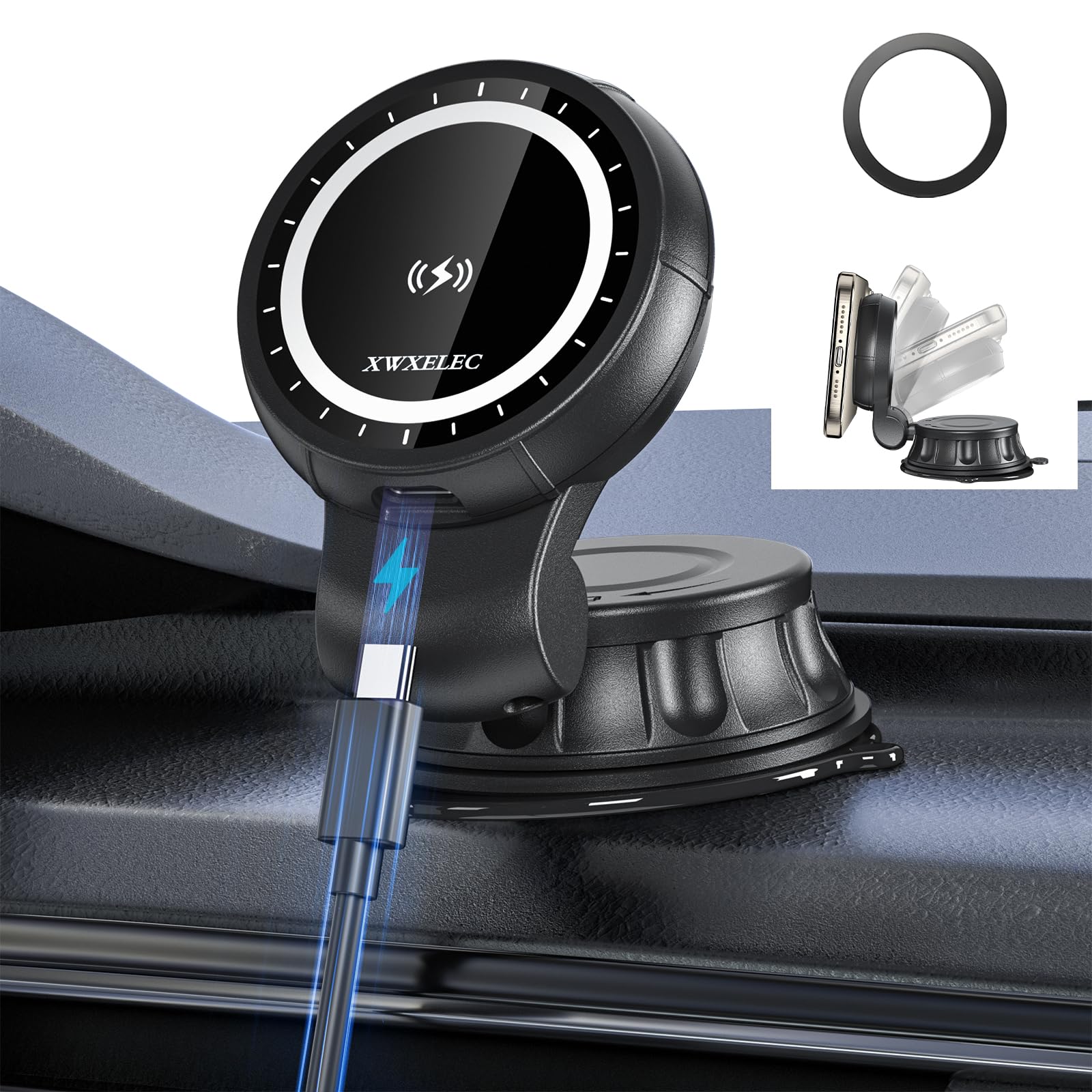 XWXELEC for Magsafe Car Mount Magnetic Wireless Charger 15W Fast Charging Compatible with iPhone 15/14/13/12 /Pro/Max/Plus/Mini/Magsafe Case, Suction Cup Car Dashboard Phone Holder