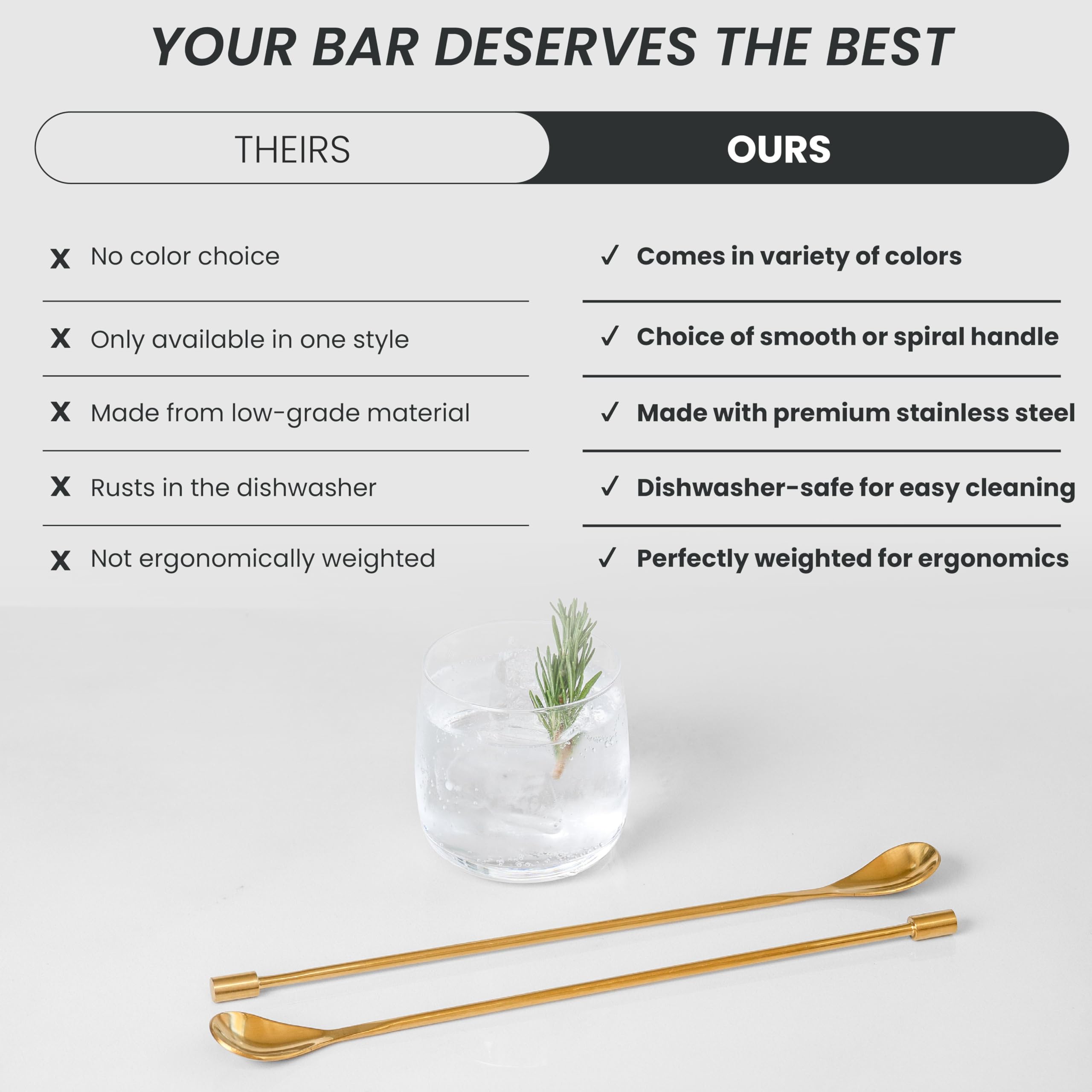A BAR ABOVE Lot de 2 cuillères à cocktail dorées en acier inoxydable 304