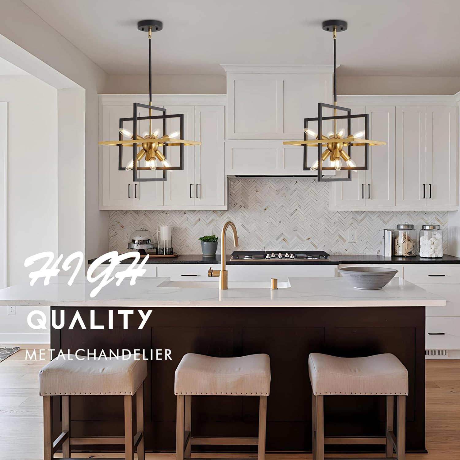 Modern Black and Gold Chandelier, 8 Light Lantern Pendant Light Geometric Sputnik Square Hanging Light Fixtures for Kitchen Islands, Dining Room, Farmhouse, Entryway, Foyers