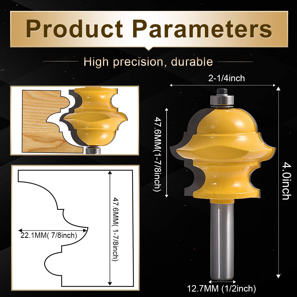 KATUR Classical and Bead Molding and Edging Router Bit, Multi-Profile Bit with 1/2 Inch Shank, Magical Multi-Form Molding Router Bit (1/2" Shank, 2-1/4" Width, 1-7/8" Depth)