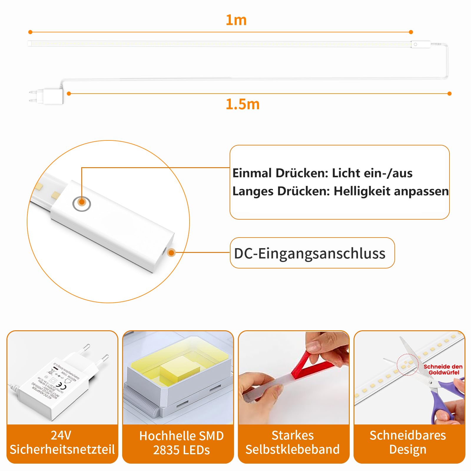 SIBI LIGHTING Unterbauleuchte Küche LED 1M, Dimmbar Led Leiste Selbstklebend, Flexibel Unterbau Licht inkl. 24V Netzteil, 3000K Warmweiß